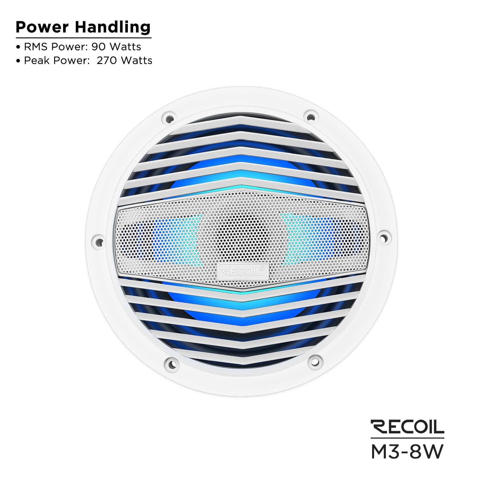 Recoil M3-8W - 8" 20cm White Marine Boat Outdoor Speakers with Built-in RGB LED