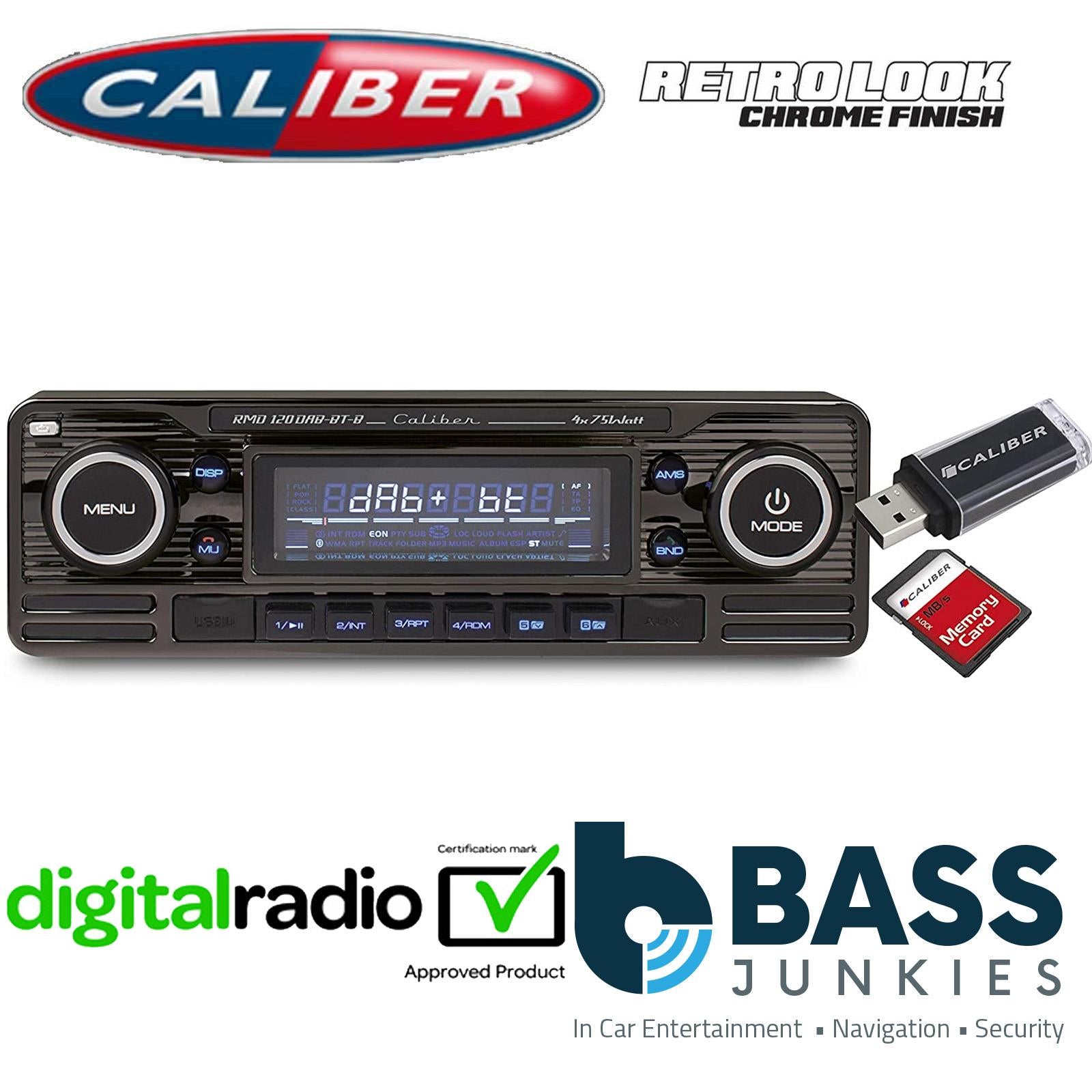 Caliber RMD120DAB-BT/B - Retro Style DAB BLUETOOTH USB 75x4W Car Stereo Radio Player BLACK Finish