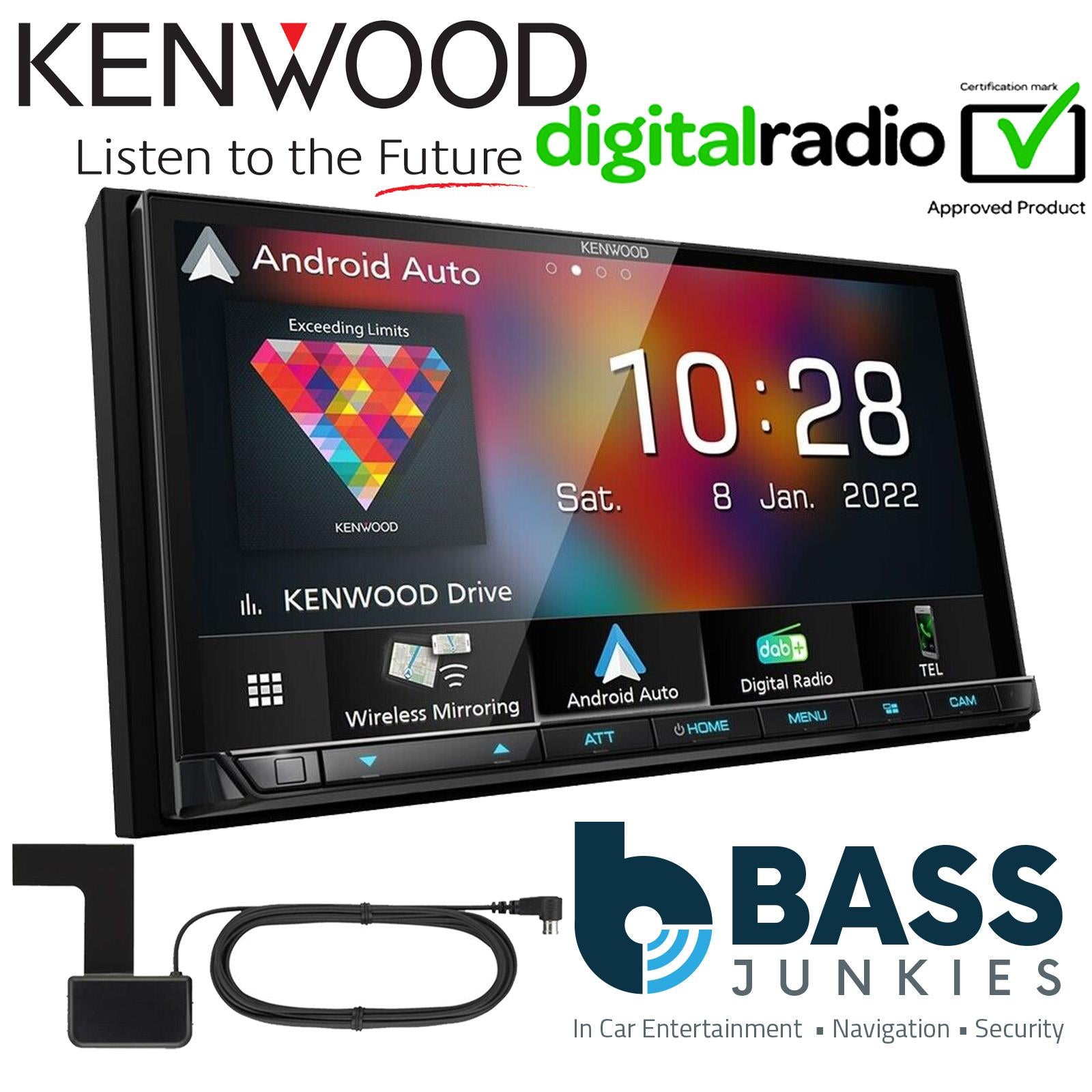 Kenwood DMX8021DABS 7" Screen CarPlay Android Bluetooth DAB+ Car Stereo & Aerial