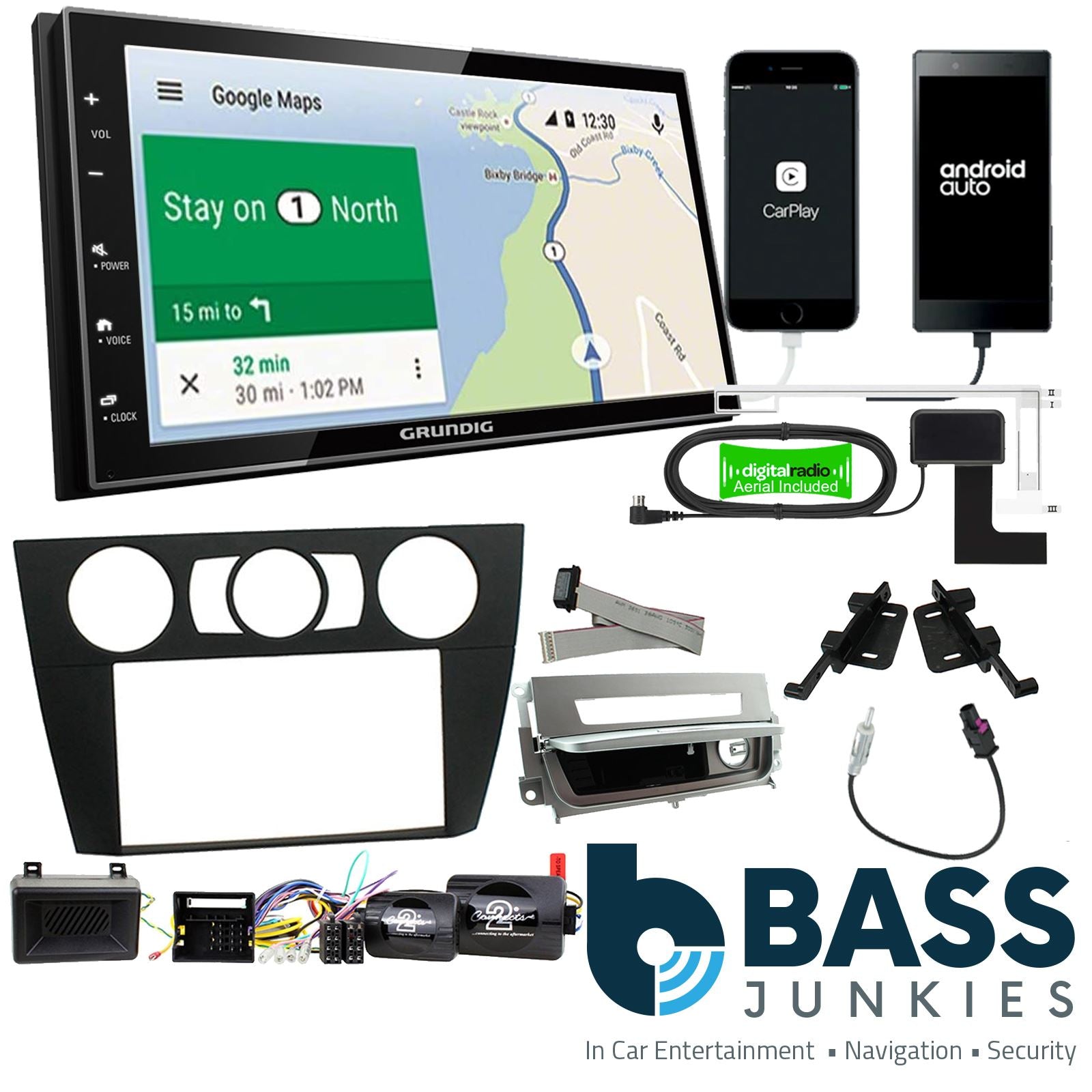 Grundig 6.8" Apple Android Double Din Stereo Fitting Kit + Steering Wheel Stalk Controls to fit BMW 3-Series 2005-12