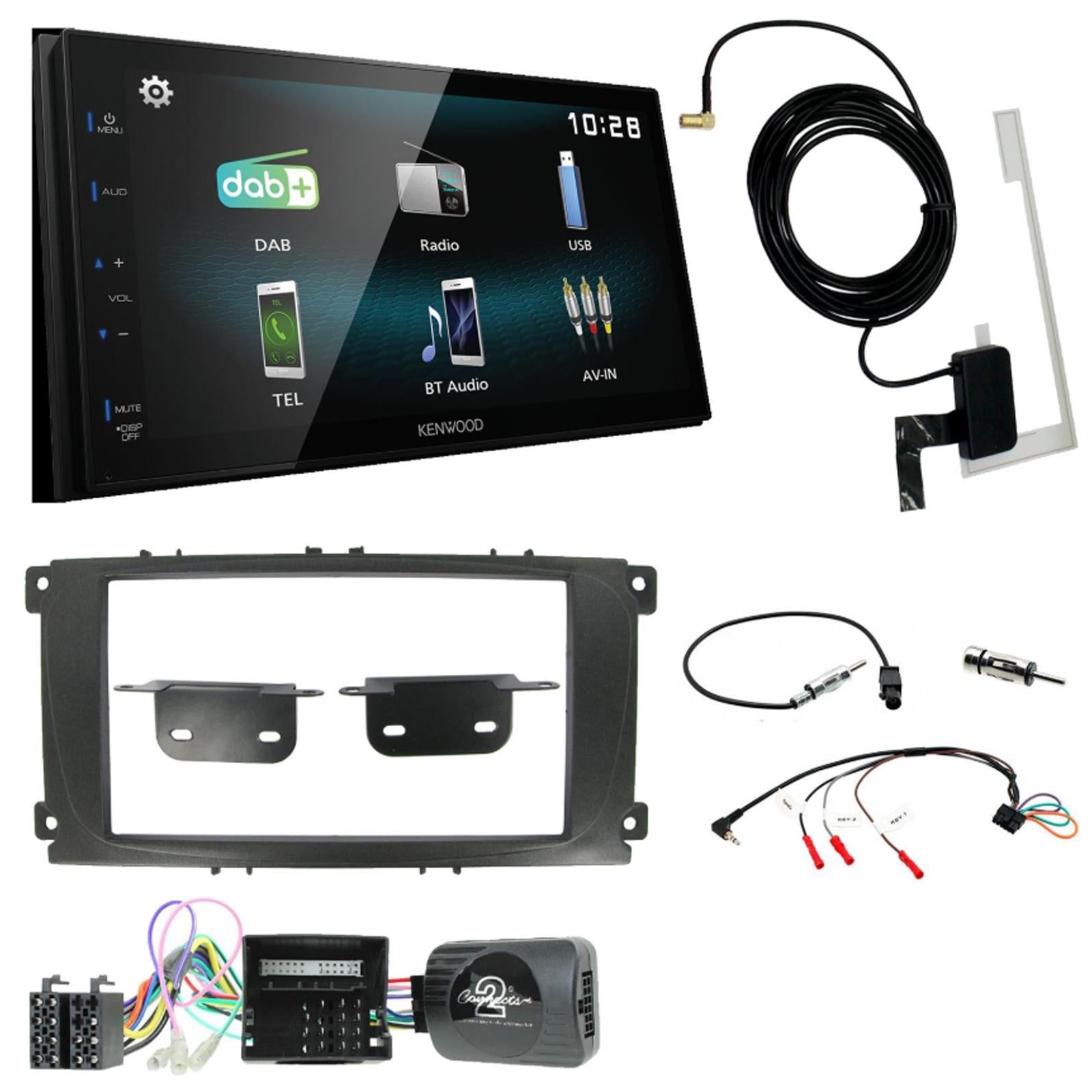 Kenwood DMX-125DAB + Connects2 Double Din Black Fascia + Steering Wheel Controls fits Ford S-Max 2006-14|Focus 2007-11|Mondeo 2007-14