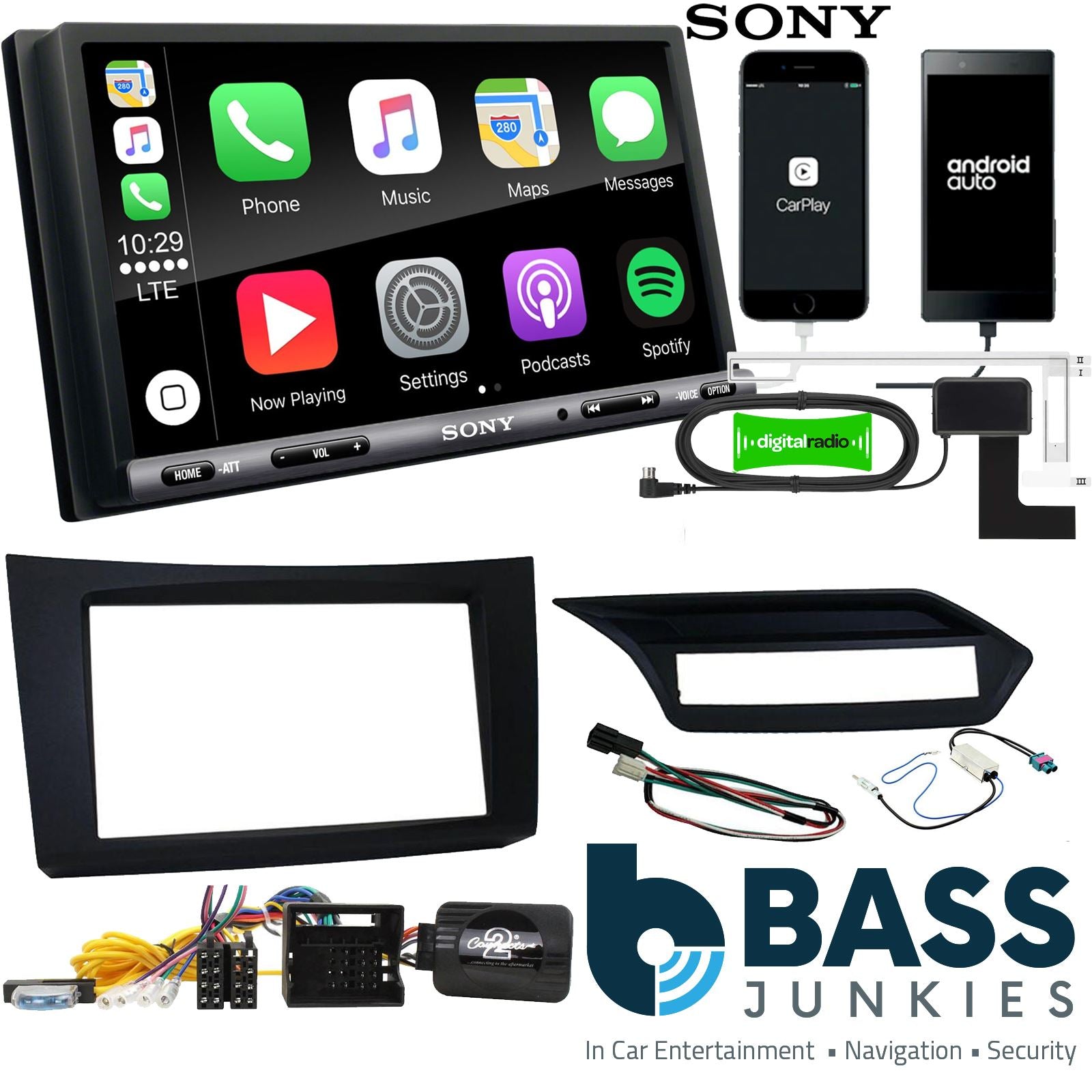 SONY DAB+ Apple | Android Double Din Stereo Fitting Kit + Steering Wheel Stalk Controls to fit Mercedes E-Class 2009-12