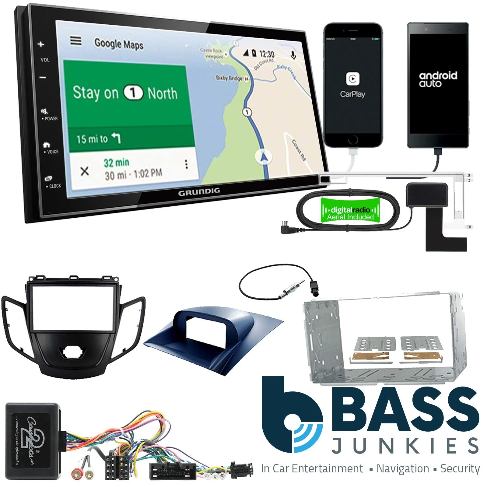 Grundig 6.8" Apple Android Double Din Stereo Fitting Kit + Steering Wheel Stalk Controls to fit Ford Fiesta 2010-12