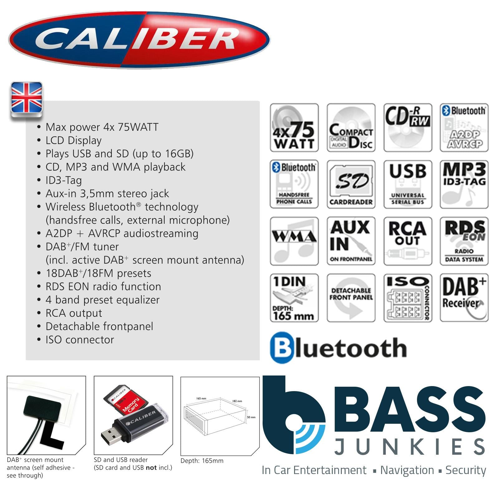 Caliber RCD120DAB-BT CD MP3 DAB+ Bluetooth Retro Style Car Stereo Black Finish