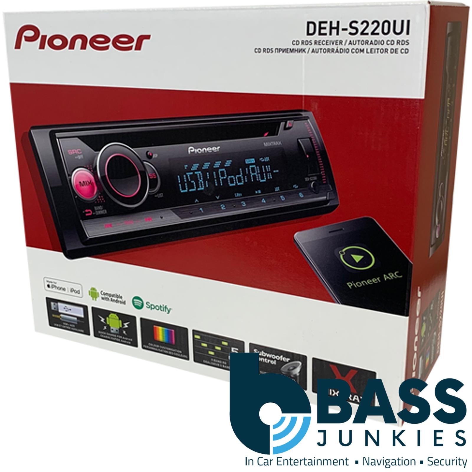 Pioneer DEH-S220UI Car Stereo Radio CD MP3/WMA/WAV/AAC | Compatable with Android | Made for Apple Iphone | MIXTRAX | Front USB | Front Aux In | 2 RCA Preouts | 4x50W | RGB Multicolour Illumination
