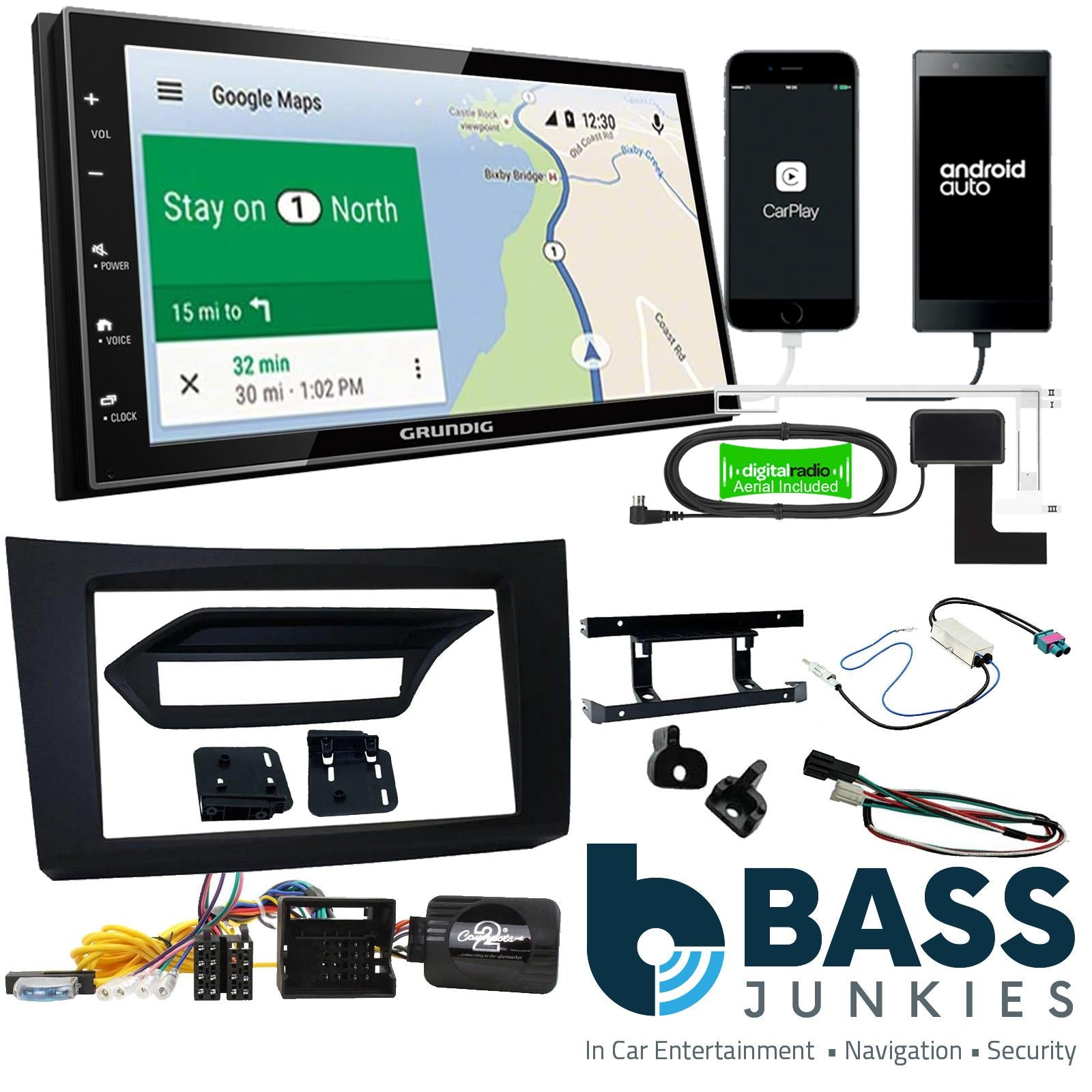 Grundig 6.8" Apple Android Double Din Stereo Fitting Kit + Steering Wheel Stalk Controls to fit Mercedes E-Class 2009-12