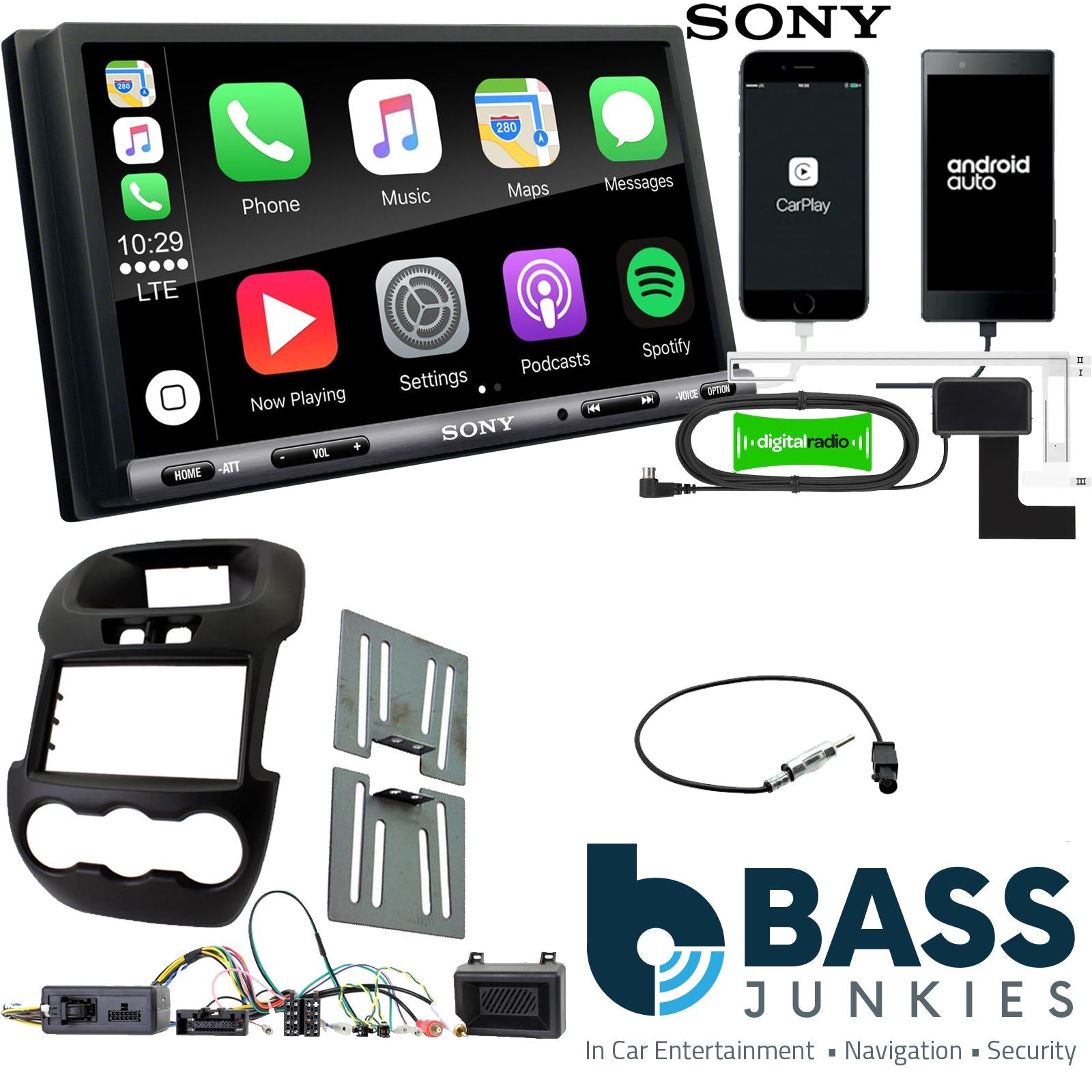 SONY DAB+ Apple | Android Double Din Stereo Fitting Kit + Steering Wheel Stalk Controls to fit Ford Ranger 2012-16