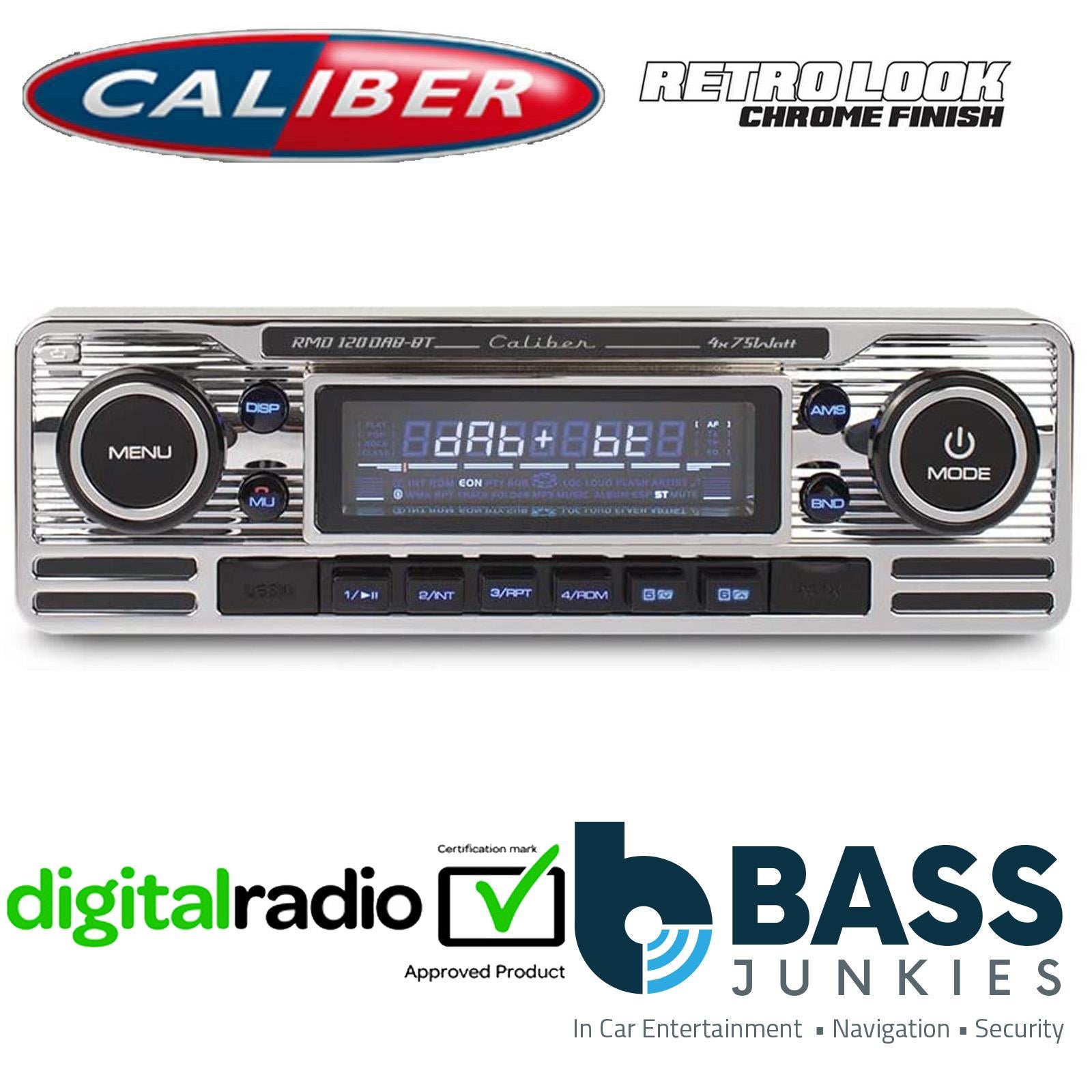 Caliber  RMD120DAB-BT - Retro Style DAB BLUETOOTH USB 75x4 W Car Stereo Radio Player CHROME Finish
