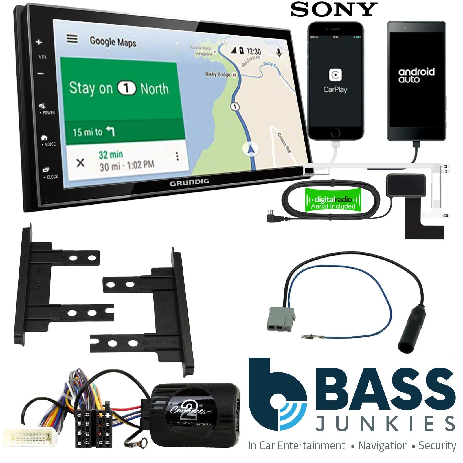 Grundig 6.8" Apple Android Double Din Stereo Fitting Kit + Steering Wheel Stalk Controls to fit Nissan Note 2008-12