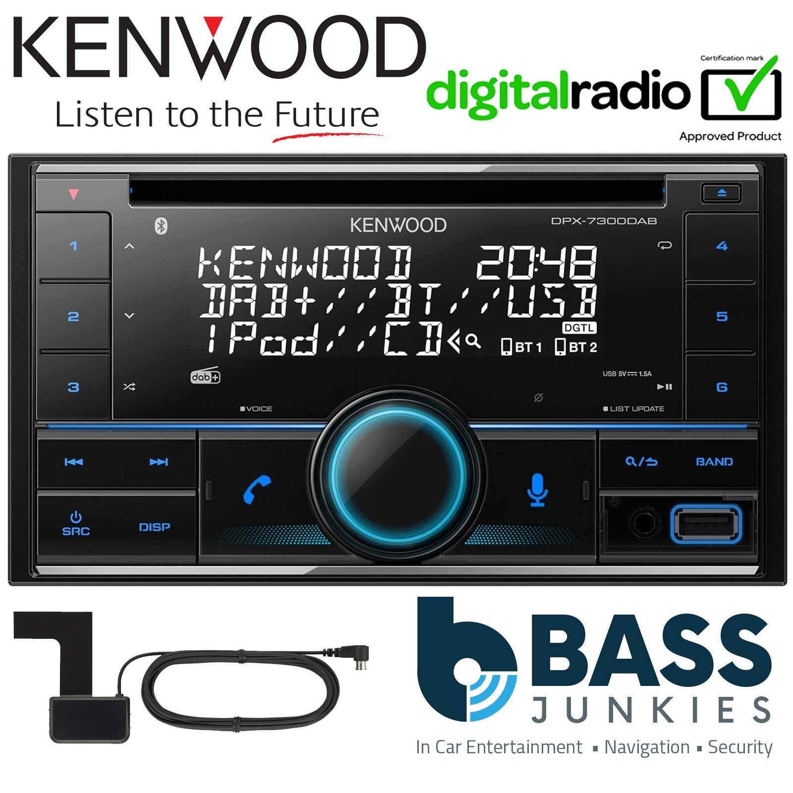 Kenwood DPX-7300DAB - Double Din Bluetooth USB CD DAB Radio Stereo & Double Din Fascia & Steering Wheel Kit for Mercedes CLK 2004-2009