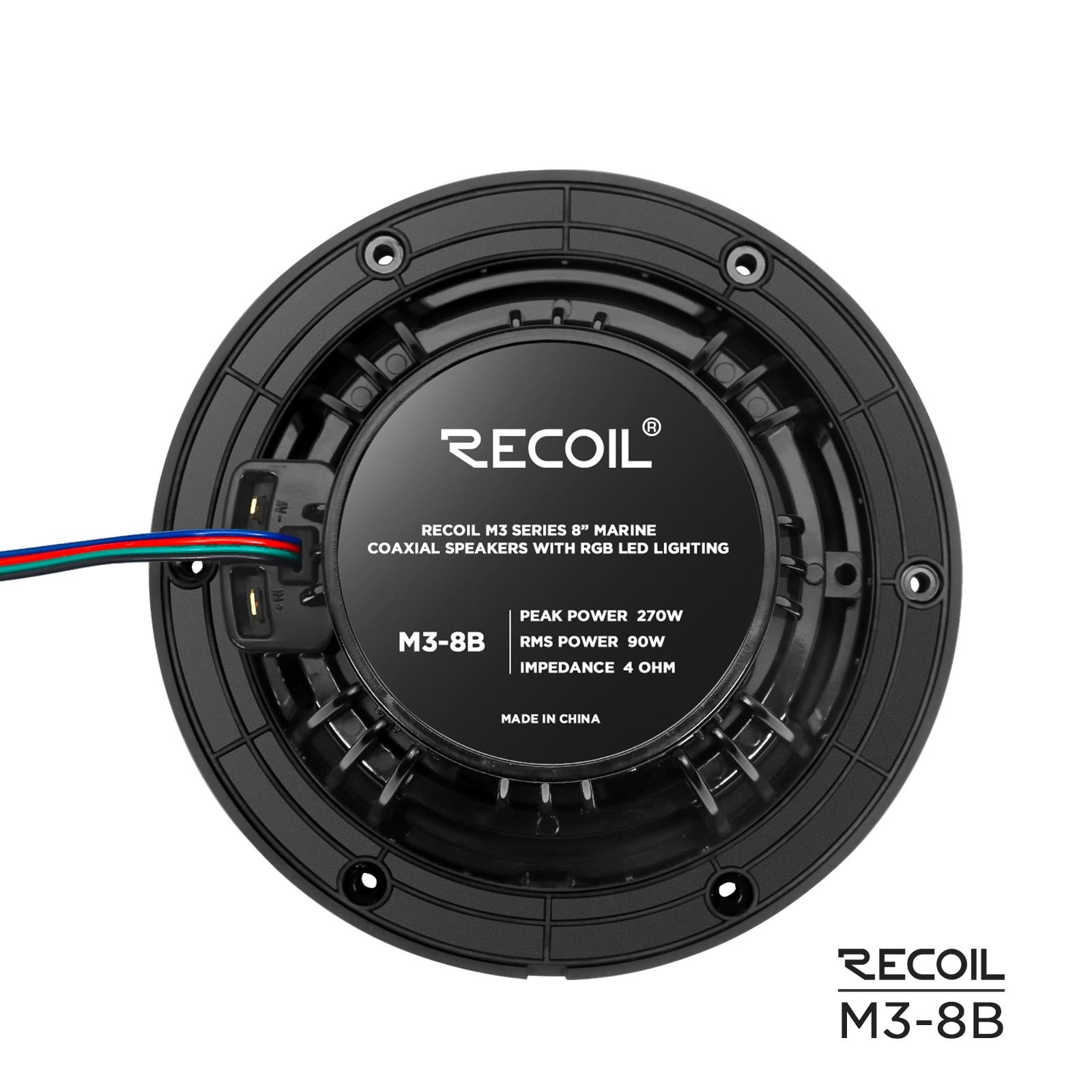Recoil M3-8B - 8" 20cm Black Marine Boat Outdoor Speakers with Built-in RGB LED