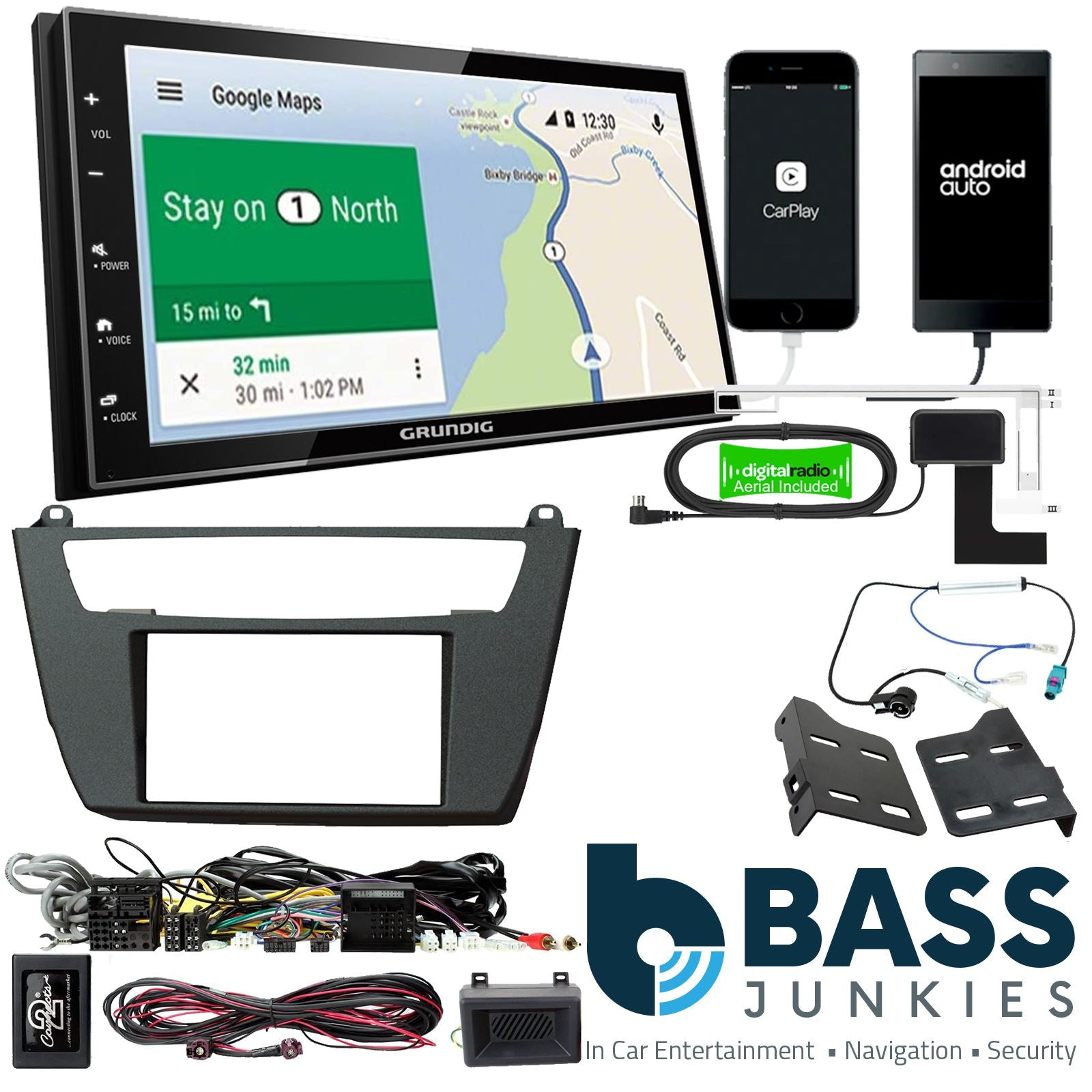 Grundig 6.8" Apple Android Double Din Stereo Fitting Kit + Steering Wheel Stalk Controls to fit BMW 2 Series 2014- | BMW 1-Series 2012-16