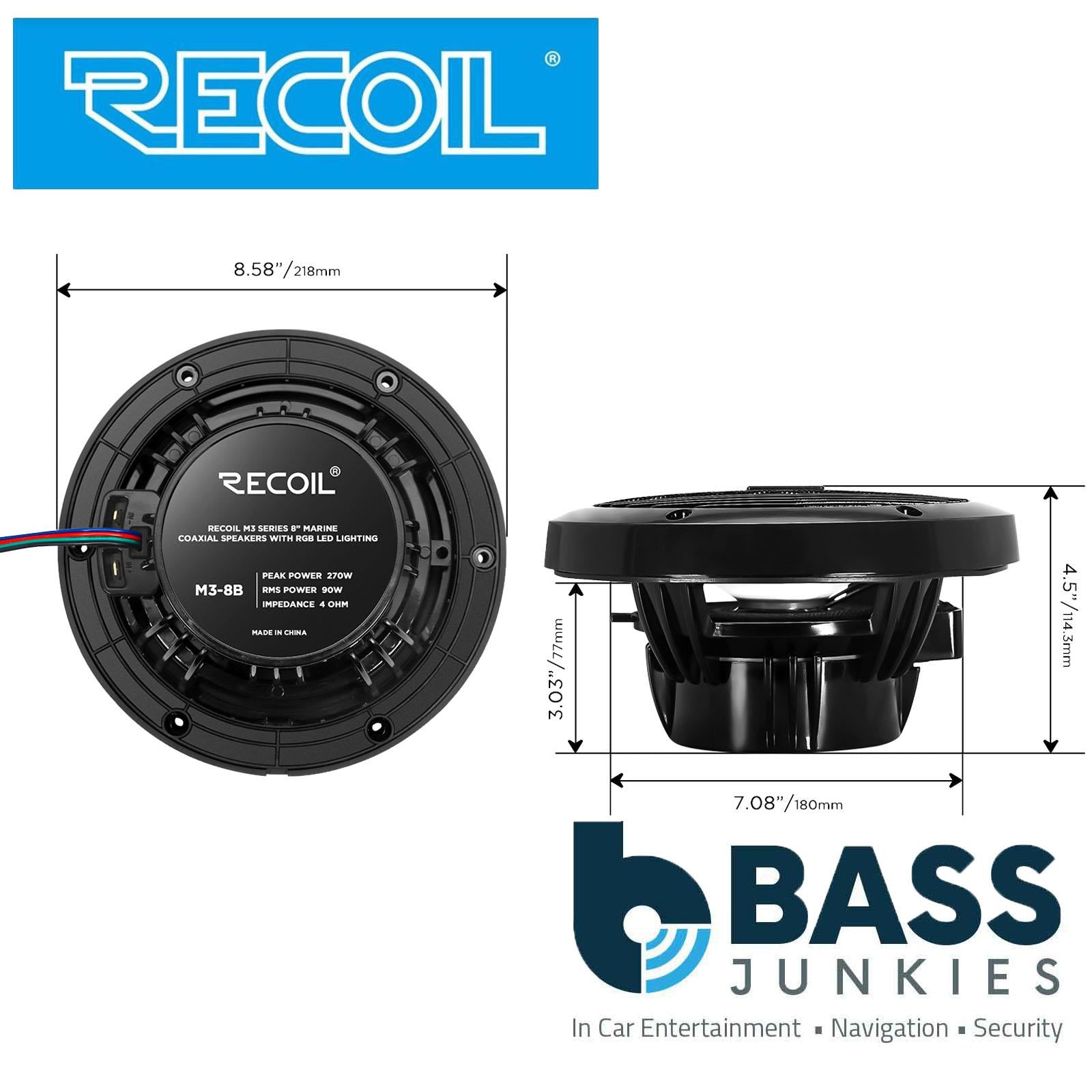 Recoil M3-8B - 8" 20cm Black Marine Boat Outdoor Speakers with Built-in RGB LED