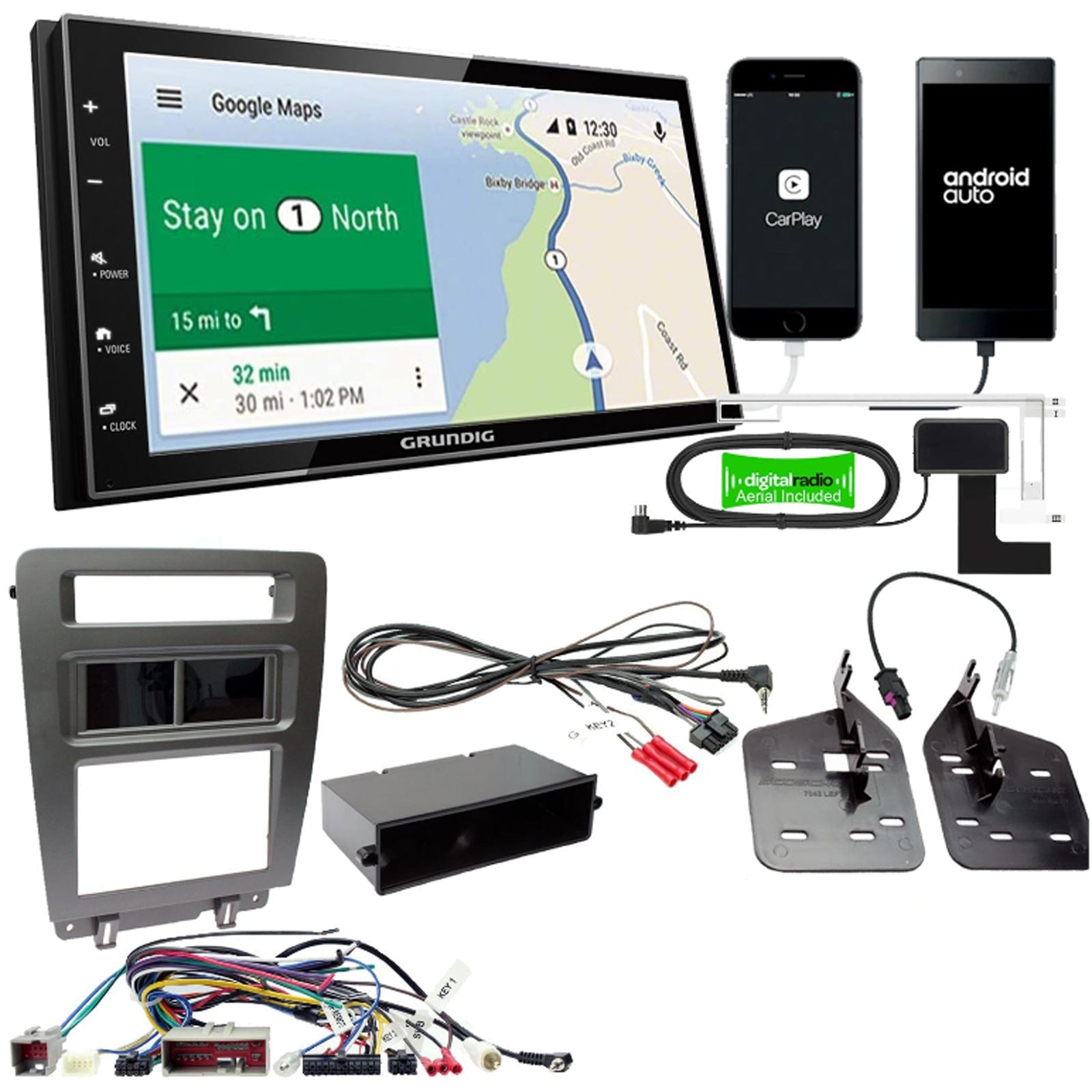 Grundig 6.8" Apple Android Double Din Stereo Fitting Kit + Steering Wheel Stalk Controls to fit Ford Mustang 2010-14