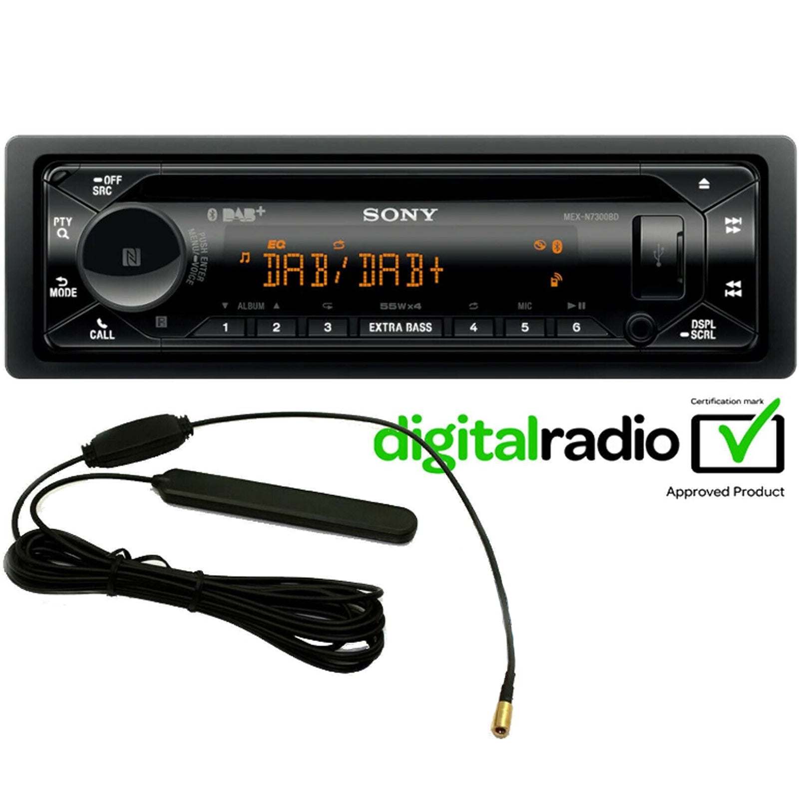 Sony MEX-N7300BD + DAB Aerial Multi Colour Display Car Stereo (DAB | Radio | CD | MP3 | Bluetooth | USB | Aux-In) Allows iPhone and iPod control through USB. Amplified 4x 55watts.