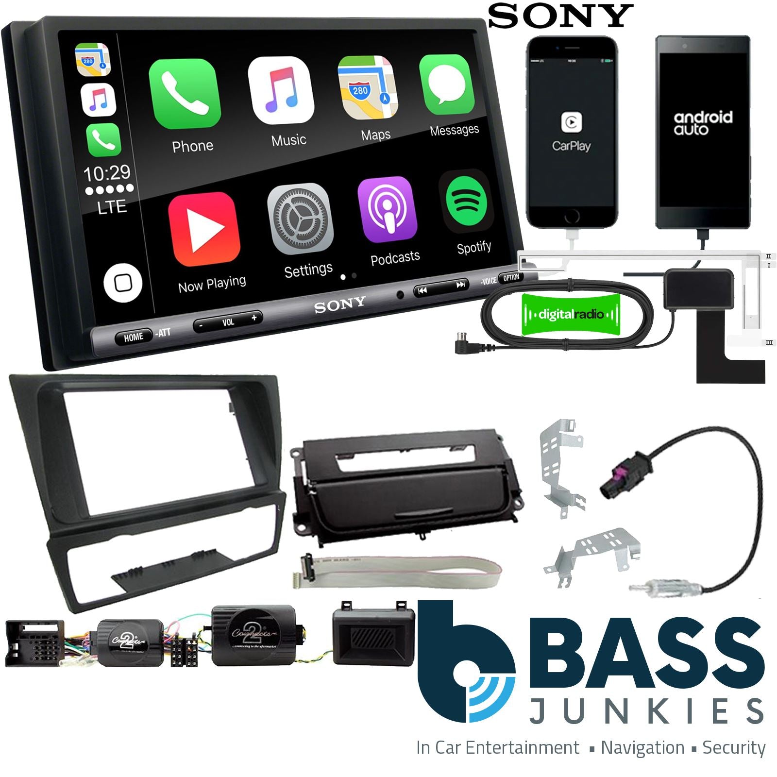 SONY DAB+ Apple | Android Double Din Stereo Fitting Kit + Steering Wheel Stalk Controls to fit BMW 3-Series 2005-12