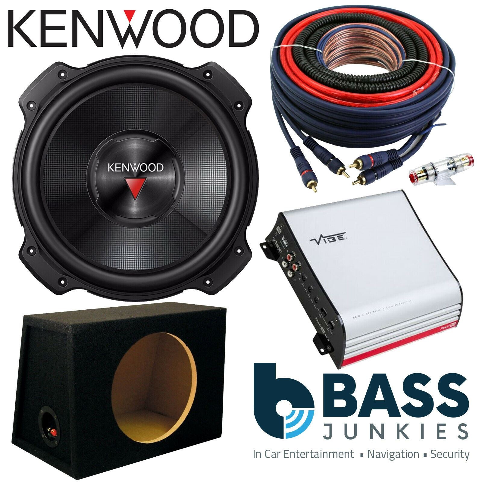 Kenwood KFC-PS3016W - 12" 2000 Watts Car Subwoofer & VIBE POWERBOX-60.2-V7 Class A/B 2 Channel 320 Watts Car Amplifier & Bass Box Kit