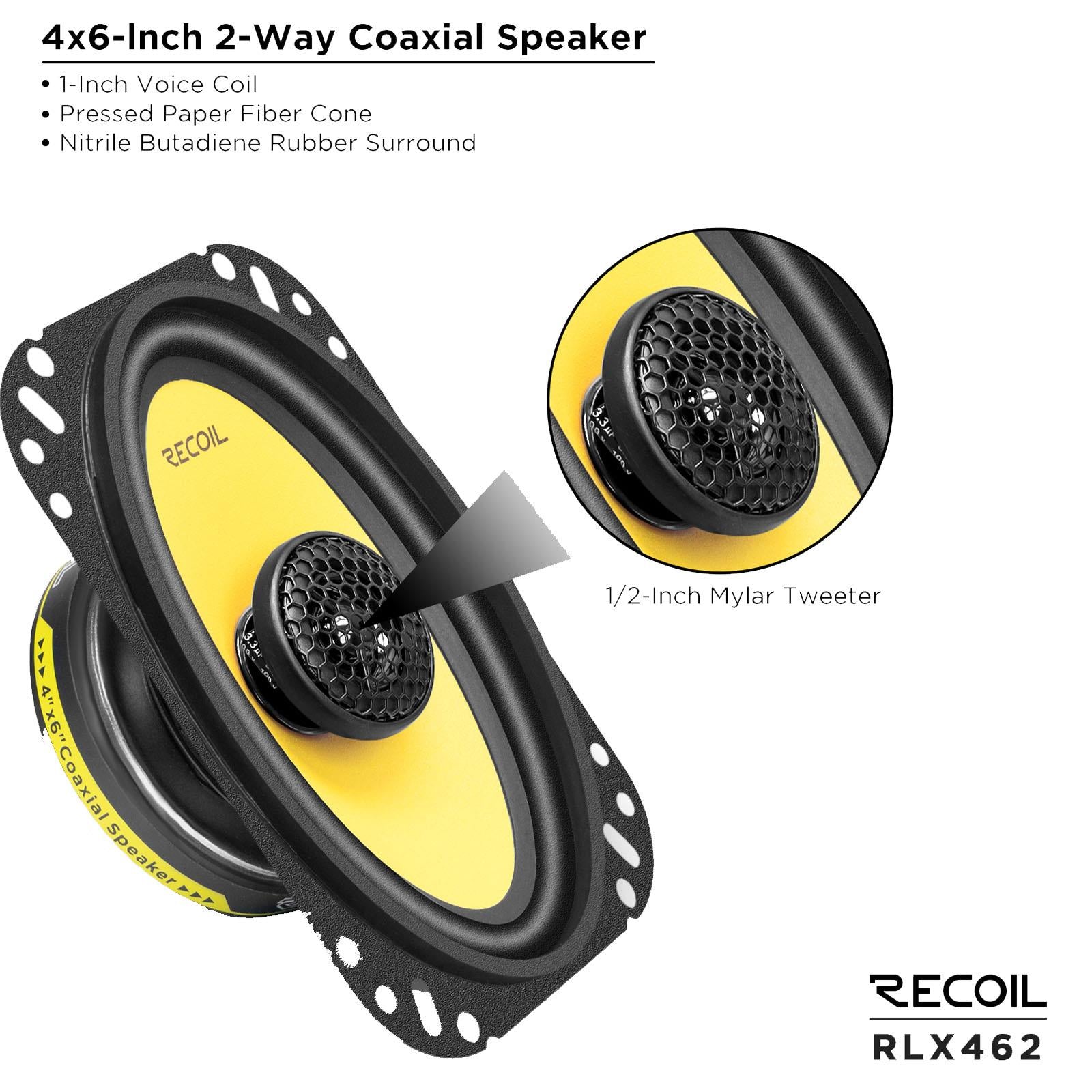 Recoil RLX462 - 100 Watts 4x6" Inch 2 Way Coaxial Car Door Speakers Pair
