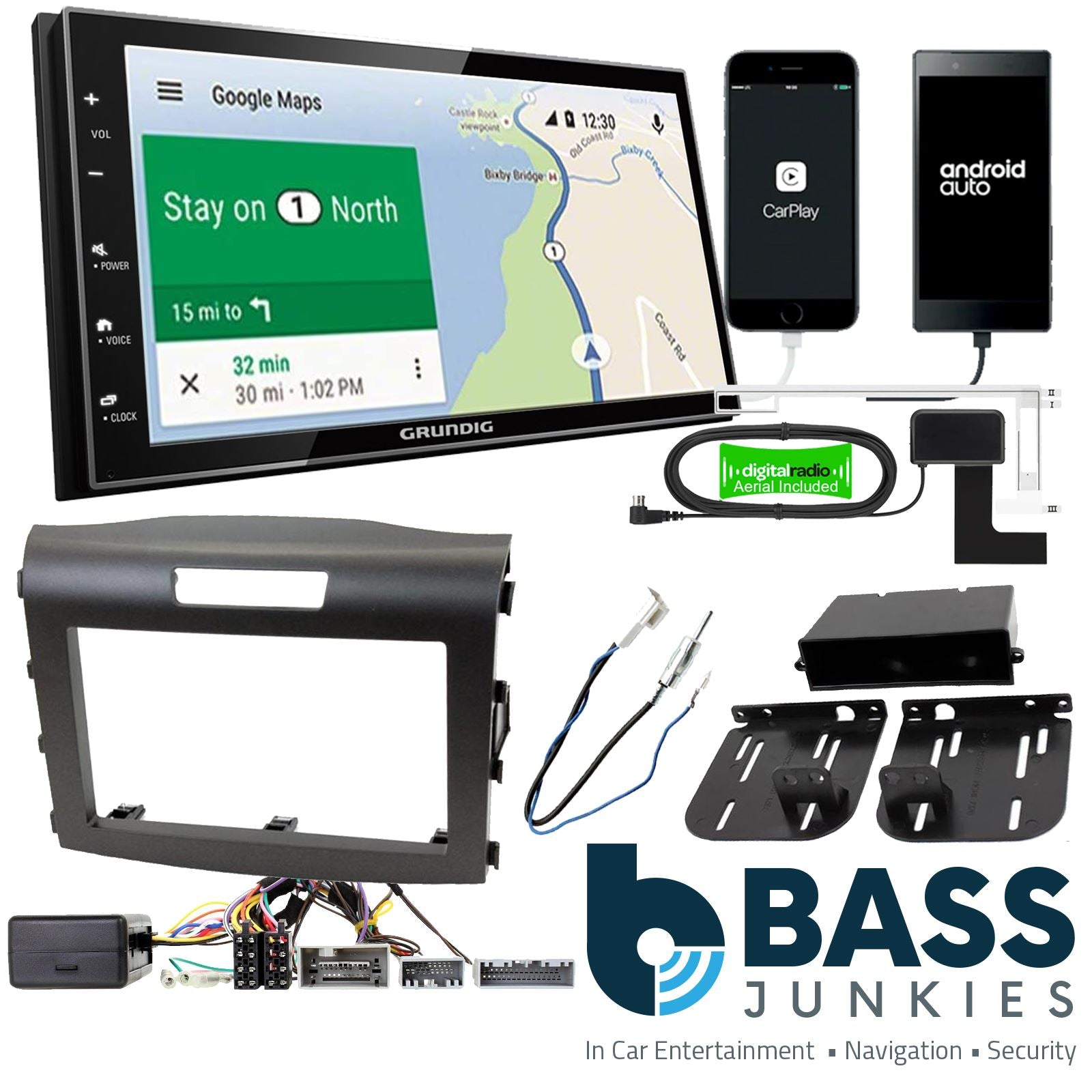 Grundig 6.8" Apple Android Double Din Stereo Fitting Kit + Steering Wheel Stalk Controls to fit Honda CR-V 2012-17