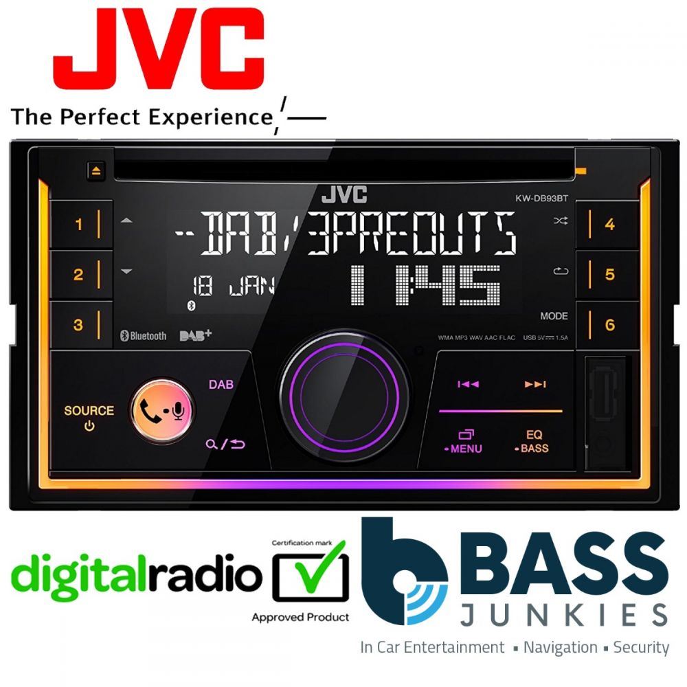 JVC KW-DB93BT - Double Din DAB Bluetooth CD MP3 USB Aux, AM/FM Tuner, Variable illumination, iPod iPhone Android Control  Car Stereo