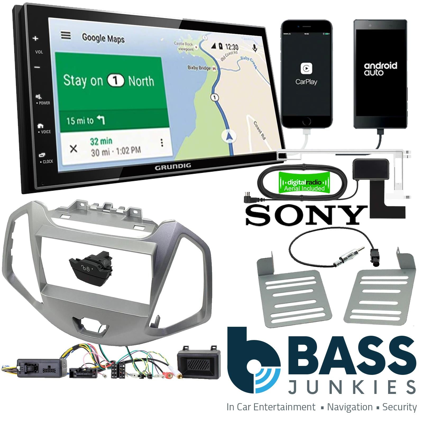 Grundig 6.8" Apple Android Double Din Stereo Fitting Kit + Steering Wheel Stalk Controls to fit Ford Ecosport 2013-21