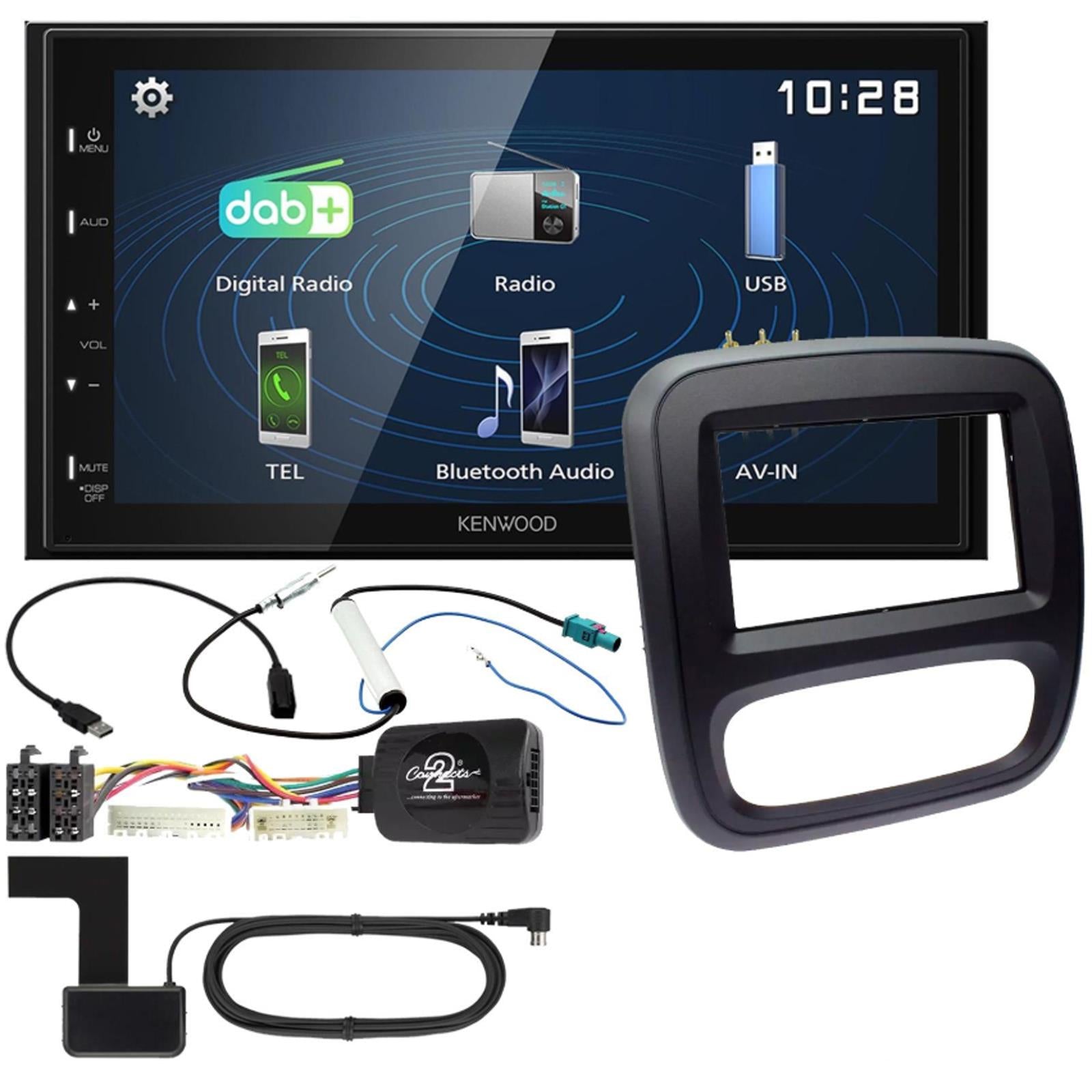 Connects2 CTKVX37 - Vauxhall Vivaro 2014 - 2018 Black Double Din Fascia Panel & Steering Wheel Interface with Kenwood 6.8" USB DAB Android Mirroring Touchscreen Upgrade Kit