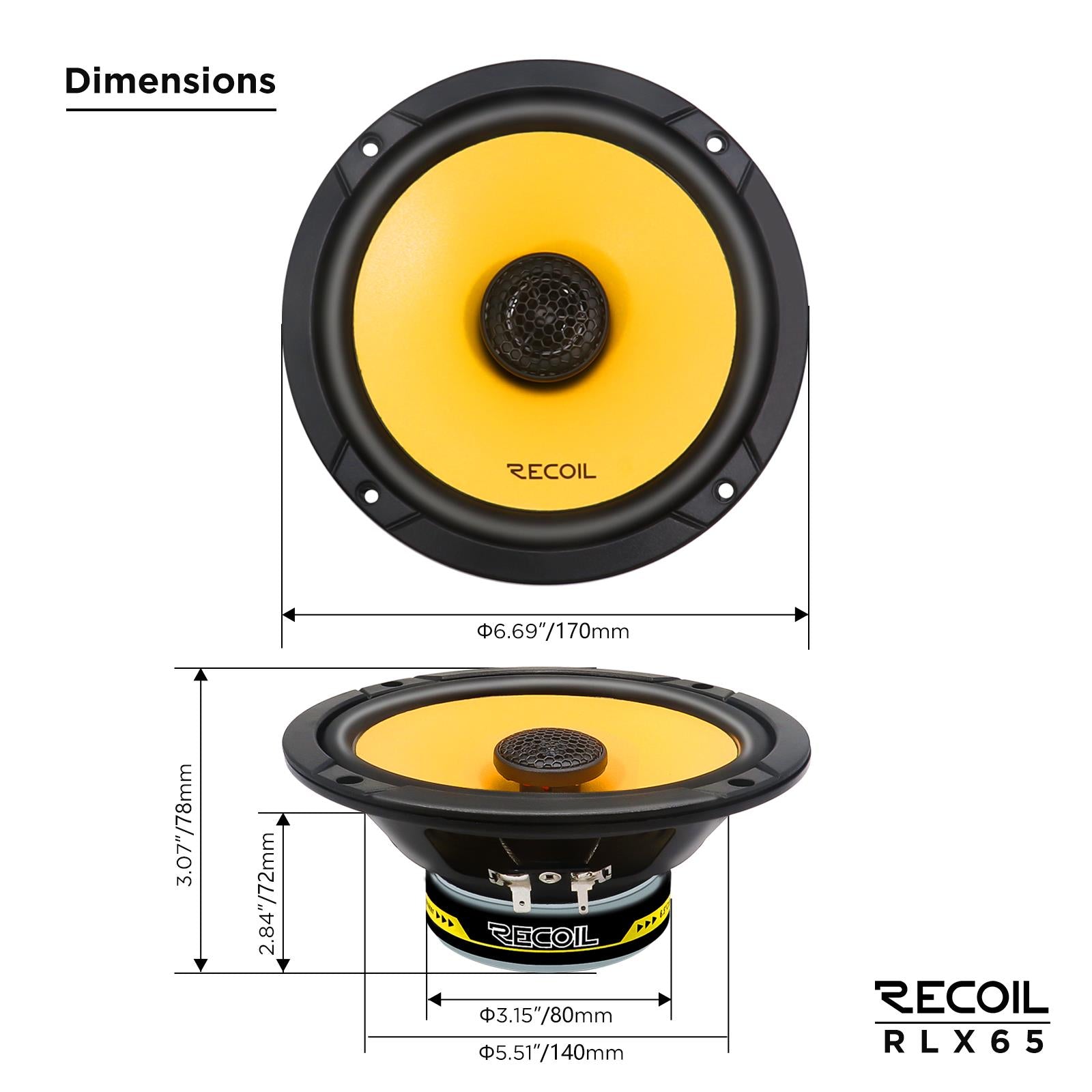 Recoil RLX65 - 160 Watts 6.5" 17cm Yellow Cone 2 Way Car Door Shelf Speakers Pair