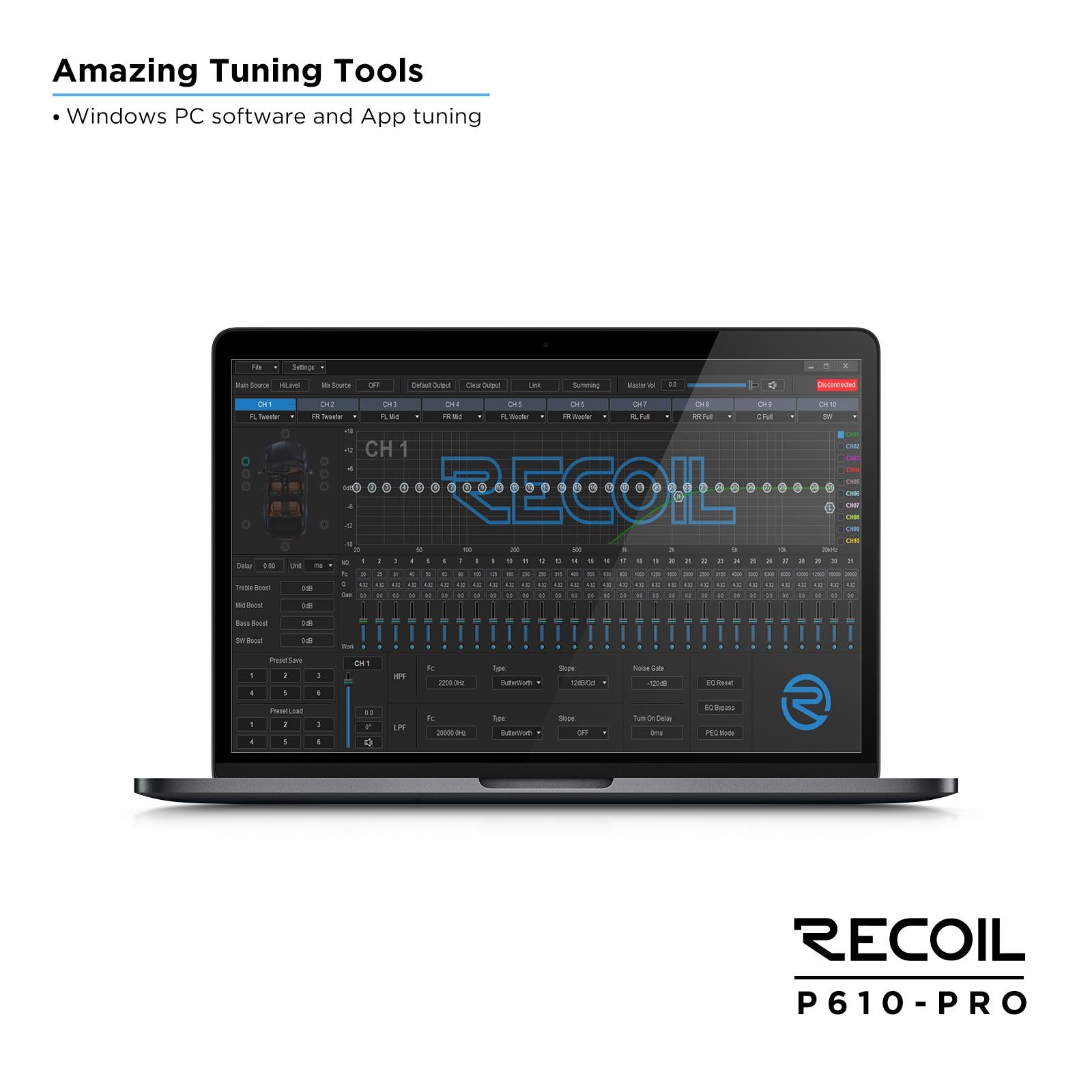Recoil P610-PRO - 10 Channel DSP 6-In/10-Out Car Amplifier & Bluetooth Streaming