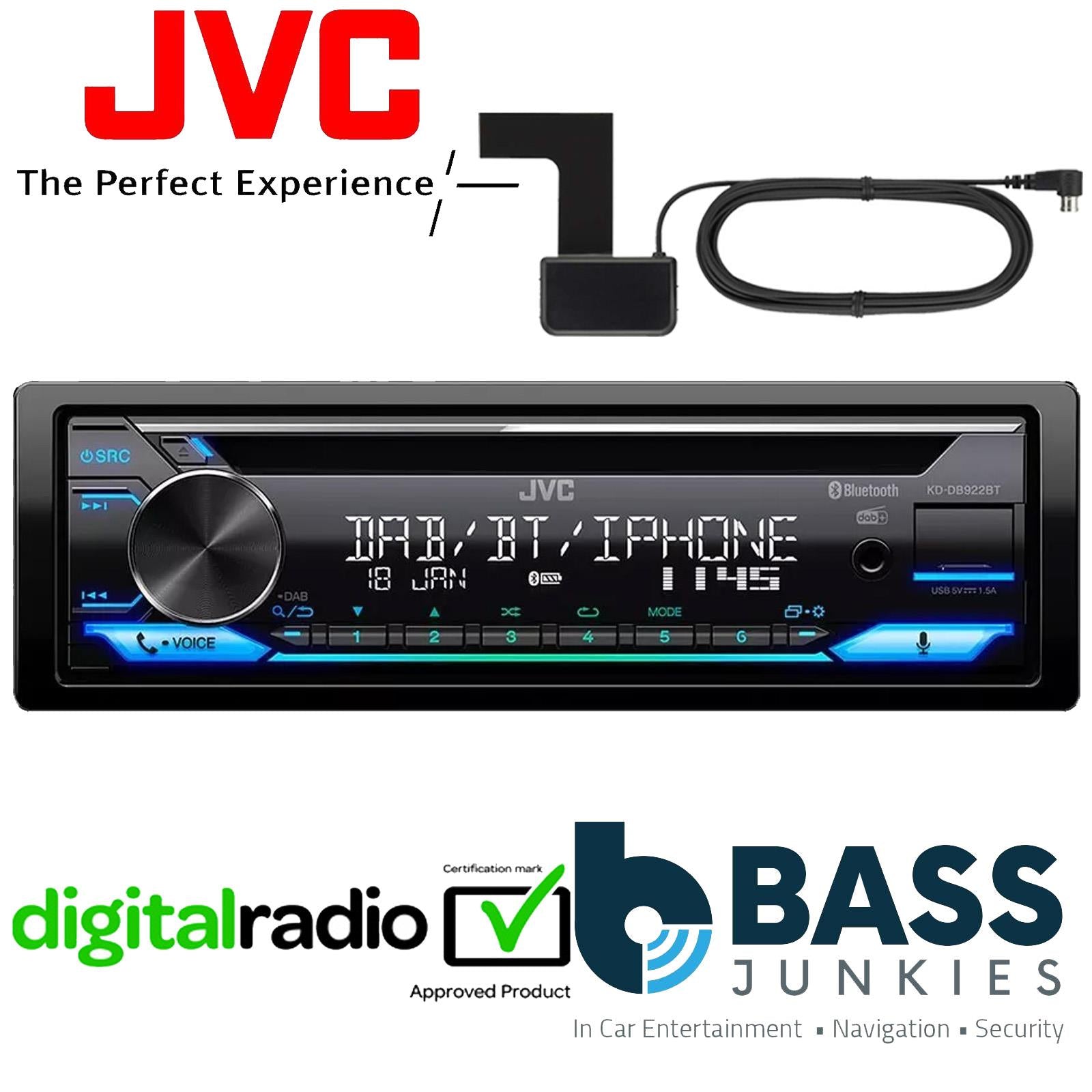 JVC KD-DB922BT DAB+ Radio USB AUX CD MP3 Bluetooth Car Stereo Player & Aerial