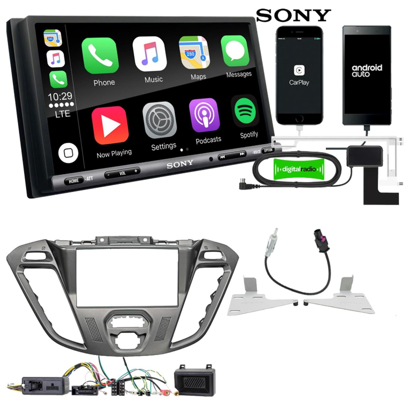 SONY DAB+ Apple | Android Double Din Stereo Fitting Kit + Steering Wheel Stalk Controls to fit Ford Transit-Custom 12-16