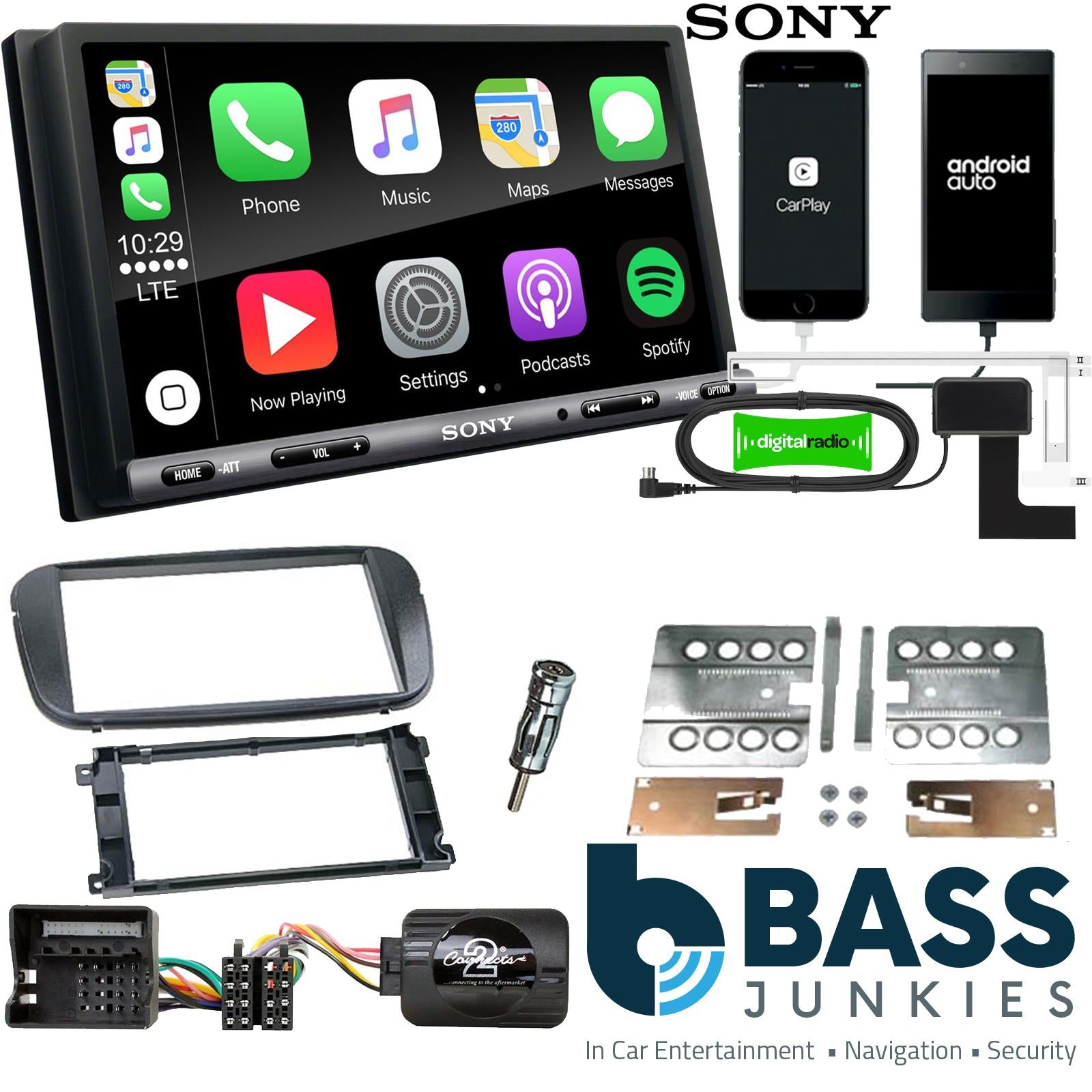 SONY DAB+ Apple | Android Double Din Stereo Fitting Kit + Steering Wheel Stalk Controls to fit Ford Focus 2007-11 | Ford Mondeo 2007-14