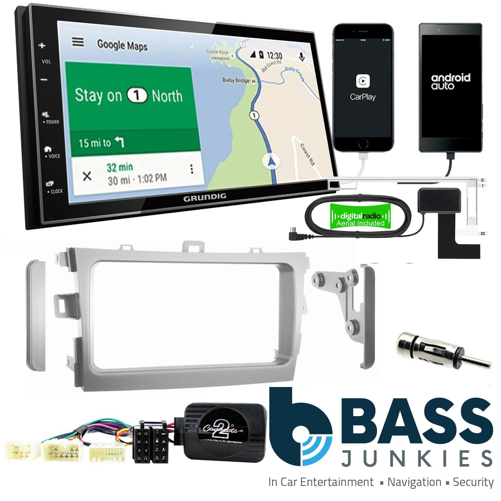 Grundig 6.8" Apple Android Double Din Stereo Fitting Kit + Steering Wheel Stalk Controls to fit Toyota Corolla 2009-11