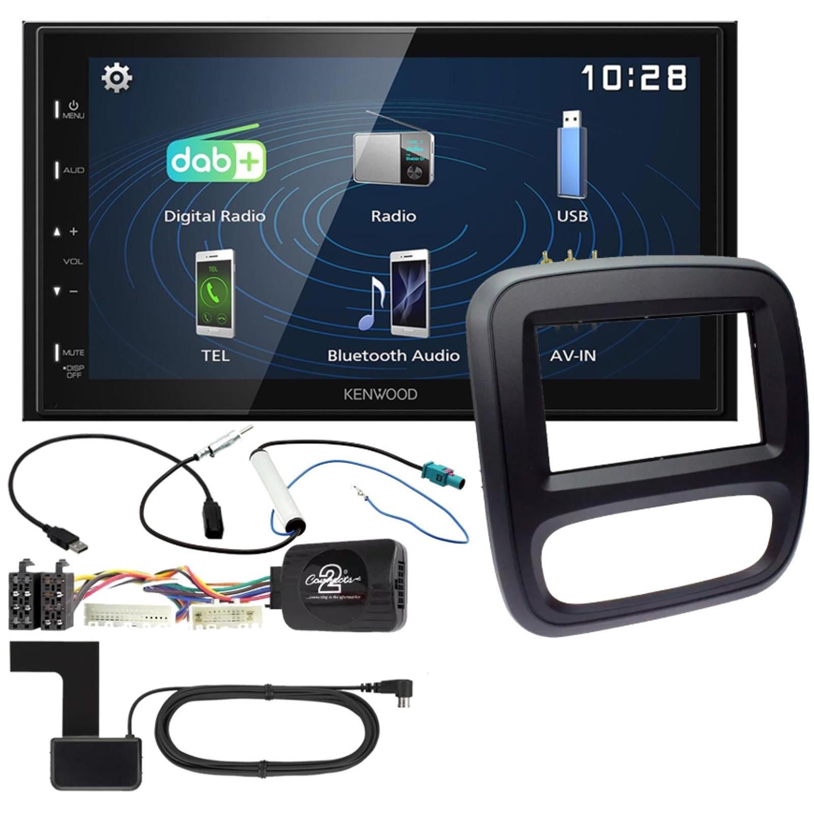 Connects2 CTKRT06 - Renault Trafic 2014-2017 Black Double Din Fascia Panel & Steering Wheel Interface with Kenwood 6.8" USB DAB Android Mirroring Touchscreen Upgrade Kit