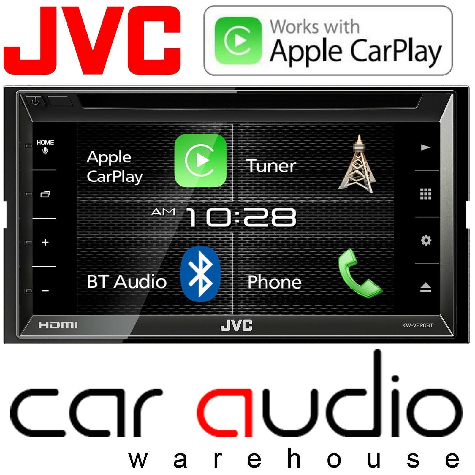 JVC KW-V820BT - 6.8" DVD CD MP3 Apple Carplay Bluetooth Touchscreen AM/FM Tuner, iPod iPhone Android Control Car Stereo