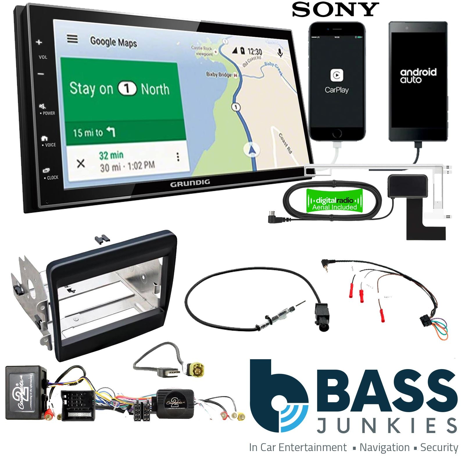 Grundig 6.8" Apple Android Double Din Stereo Fitting Kit + Steering Wheel Stalk Controls to fit Porsche 911 2011-16