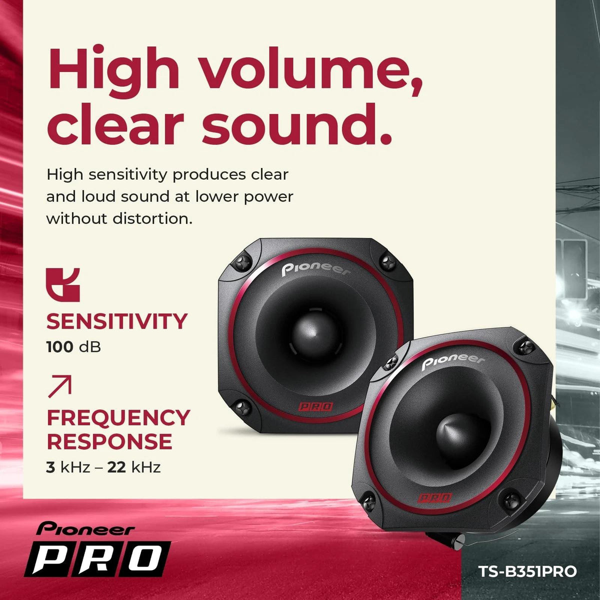 Pioneer TS-B351PRO - P.R.O. Series 3.5" 87mm 600 Watts Titanium Bullet Tweeters Pair