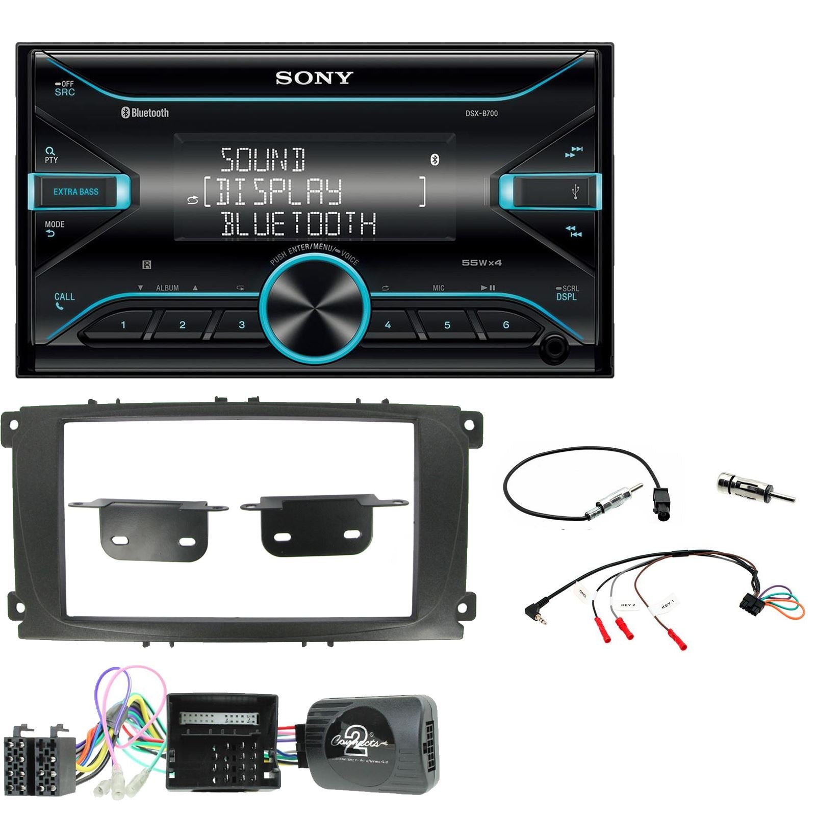 Sony DSX-B700 Bluetooth MP3 USB AUX 4 x 55W Double Din Car Stereo Radio Player + Connects2 Double Din Black Fascia + Steering Wheel Controls fits Ford S-Max 2006-14|Focus 2007-11|Mondeo 2007-14
