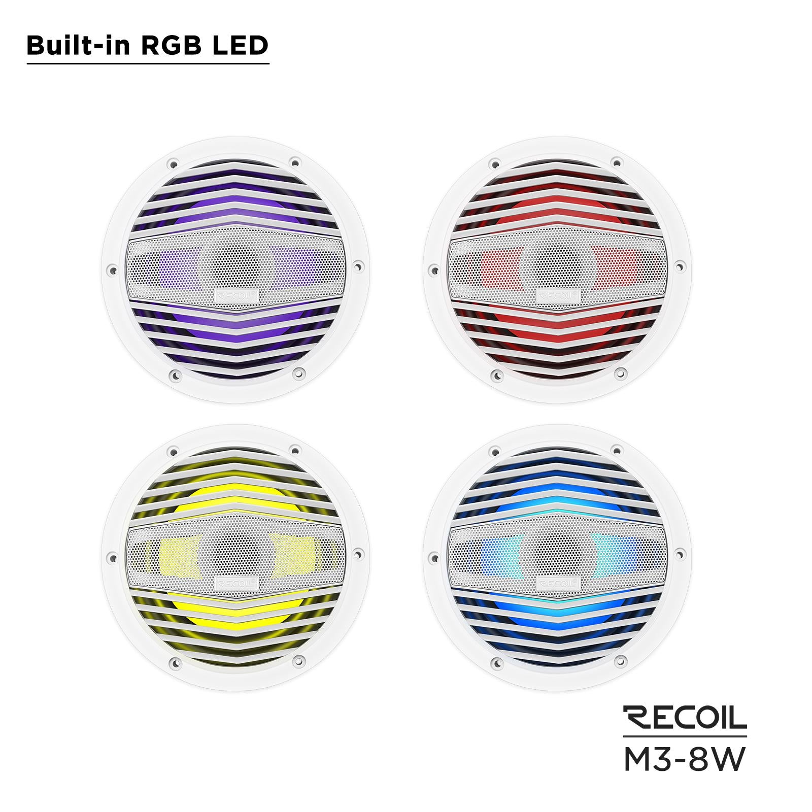 Recoil M3-8W - 8" 20cm White Marine Boat Outdoor Speakers with Built-in RGB LED