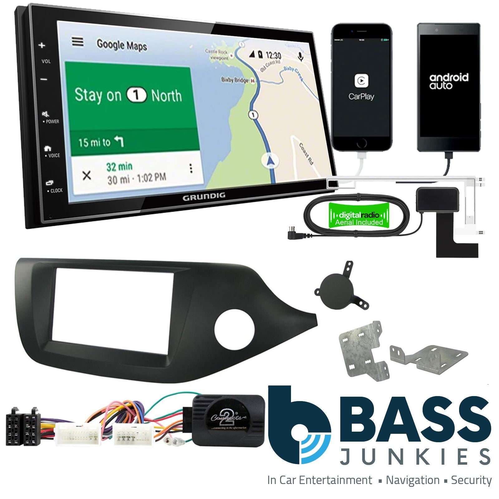 Grundig 6.8" Apple Android Double Din Stereo Fitting Kit + Steering Wheel Stalk Controls to fit Kia Cee'd 2012-18 | Kia Pro-Cee'd 2012-18