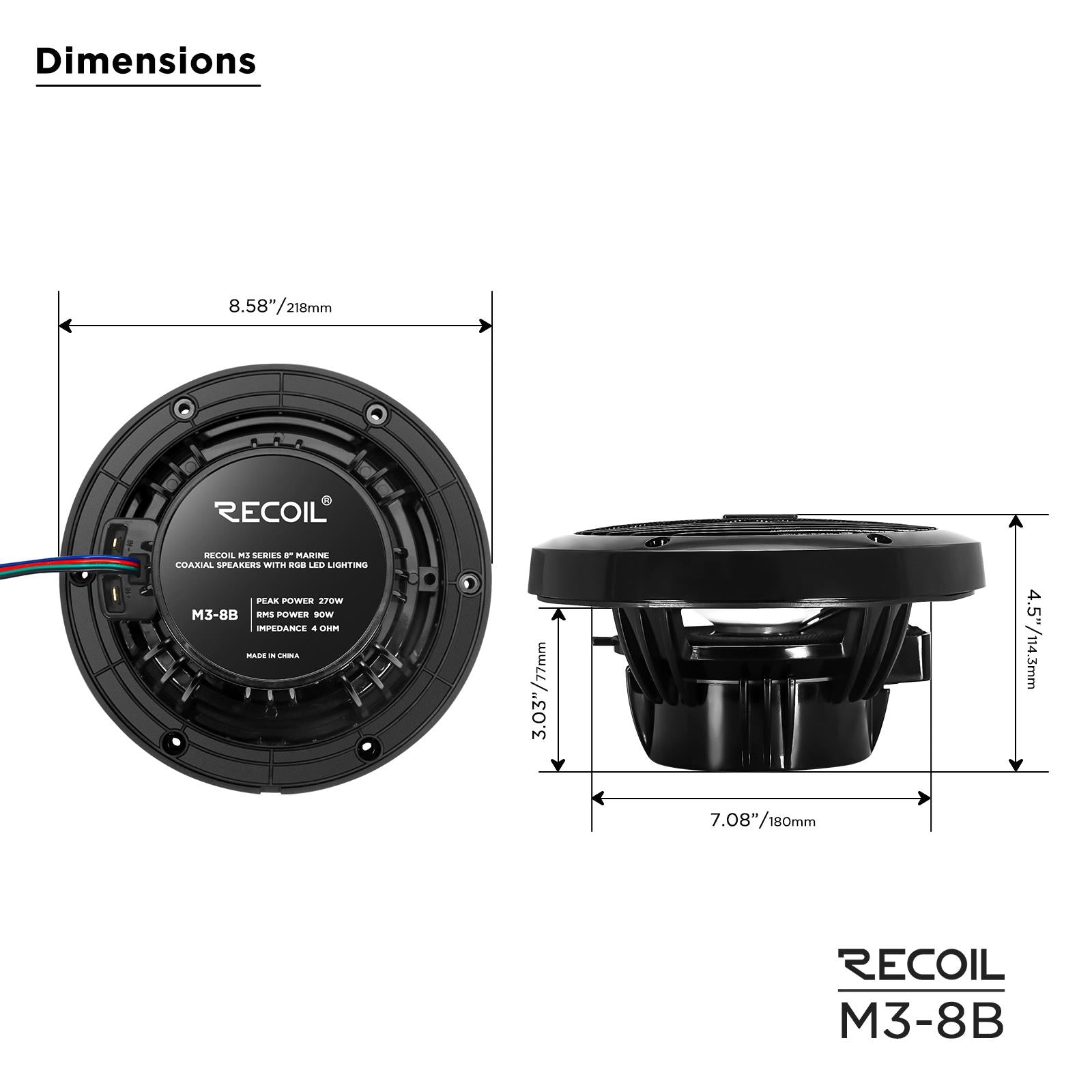 Recoil M3-8B - 8" 20cm Black Marine Boat Outdoor Speakers with Built-in RGB LED