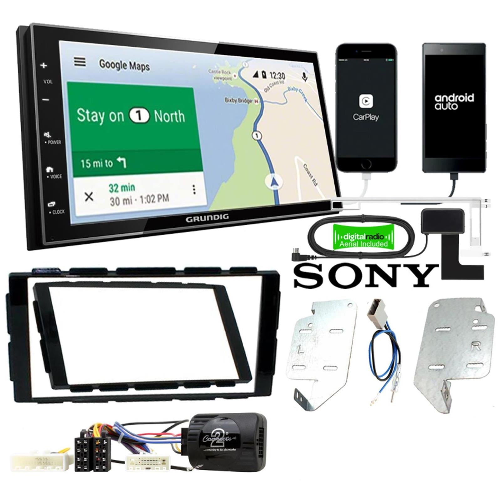 Grundig 6.8" Apple Android Double Din Stereo Fitting Kit + Steering Wheel Stalk Controls to fit Nissan Juke 2014-