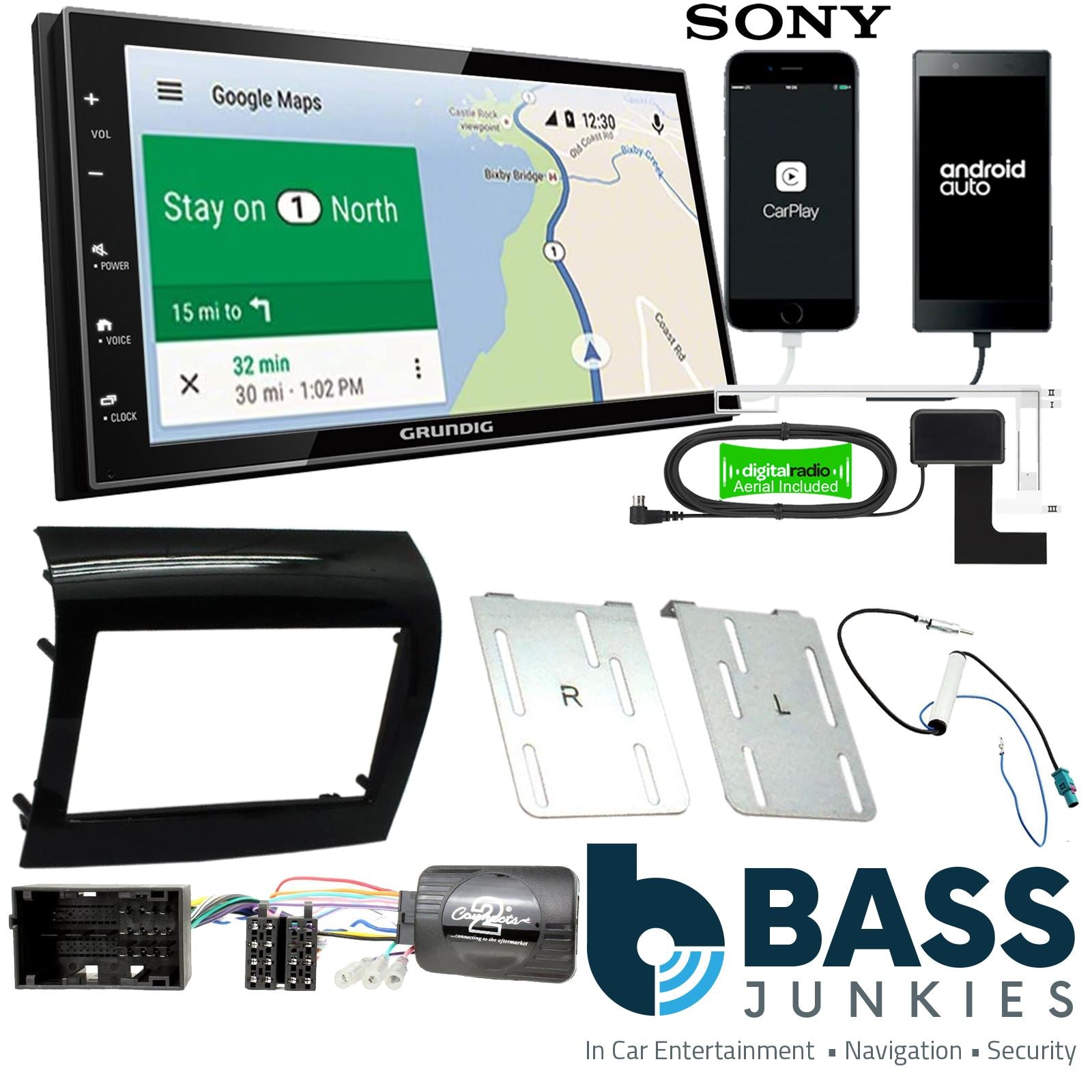 Grundig 6.8" Apple Android Double Din Stereo Fitting Kit + Steering Wheel Stalk Controls to fit Peugeot Boxer 2014-