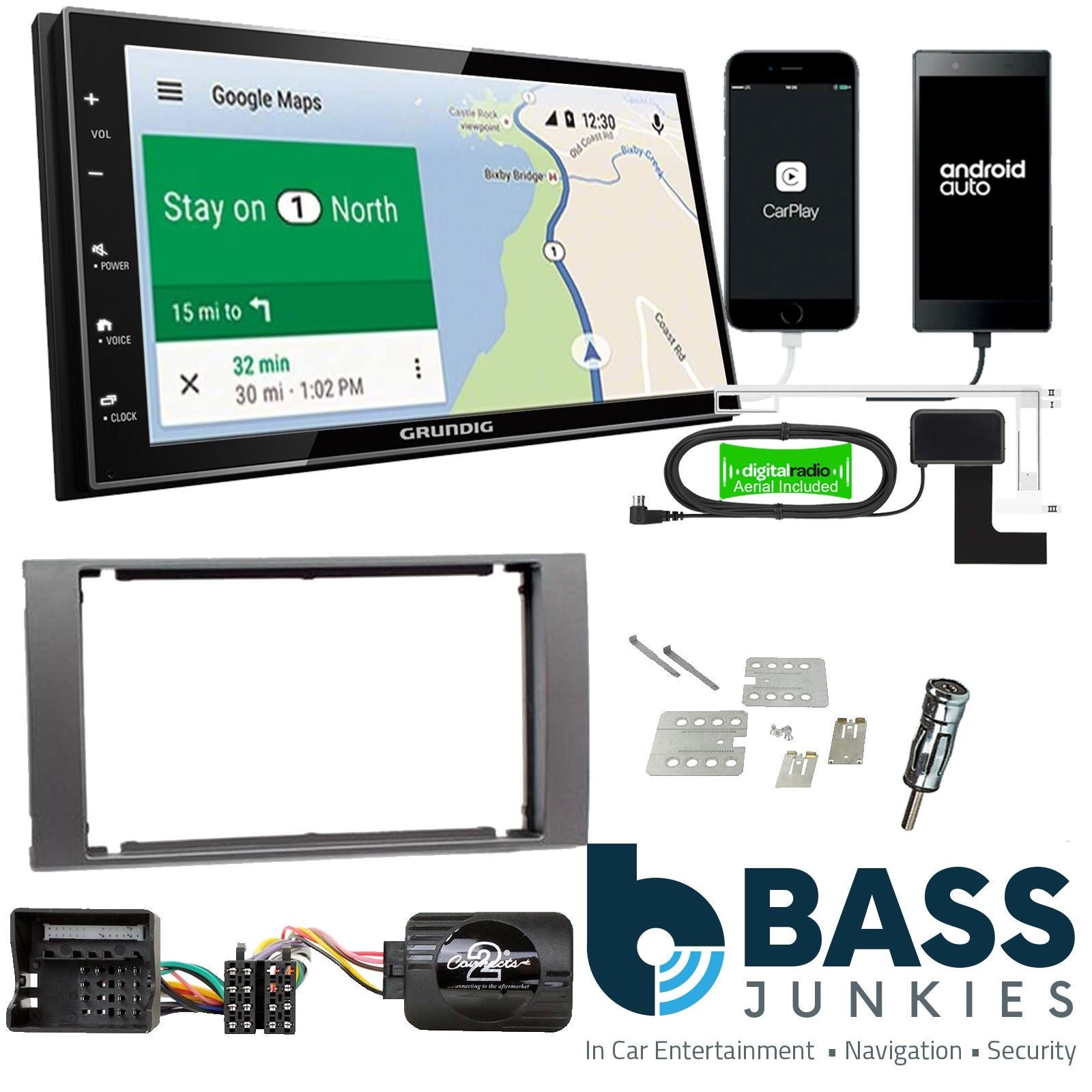 Grundig 6.8" Apple Android Double Din Stereo Fitting Kit + Steering Wheel Stalk Controls to fit Ford C-Max 2003-10 | Ford Focus 2004-07 | Ford Fiesta 2005-08