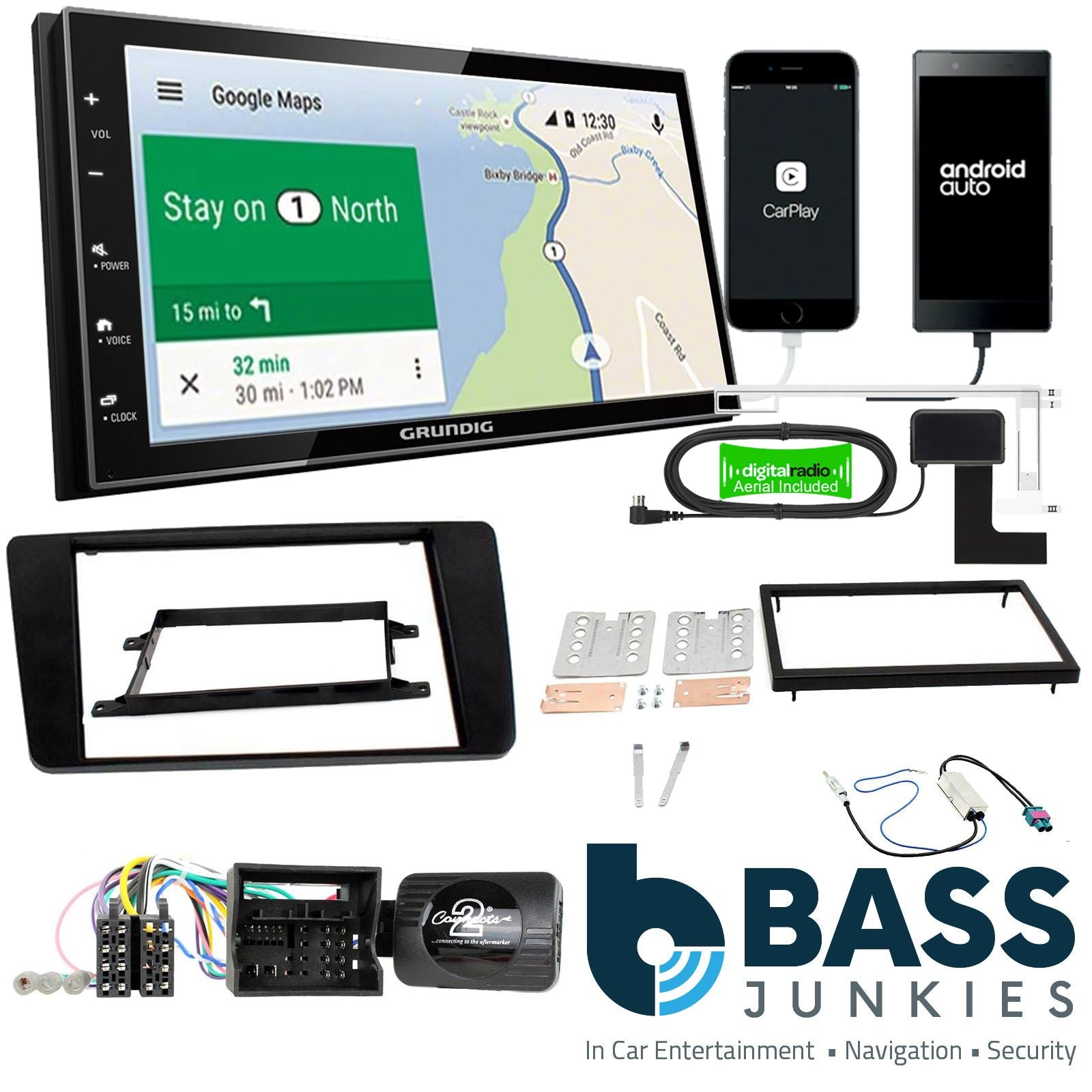 Grundig 6.8" Apple Android Double Din Stereo Fitting Kit + Steering Wheel Stalk Controls to fit Skoda Yeti 2014-17