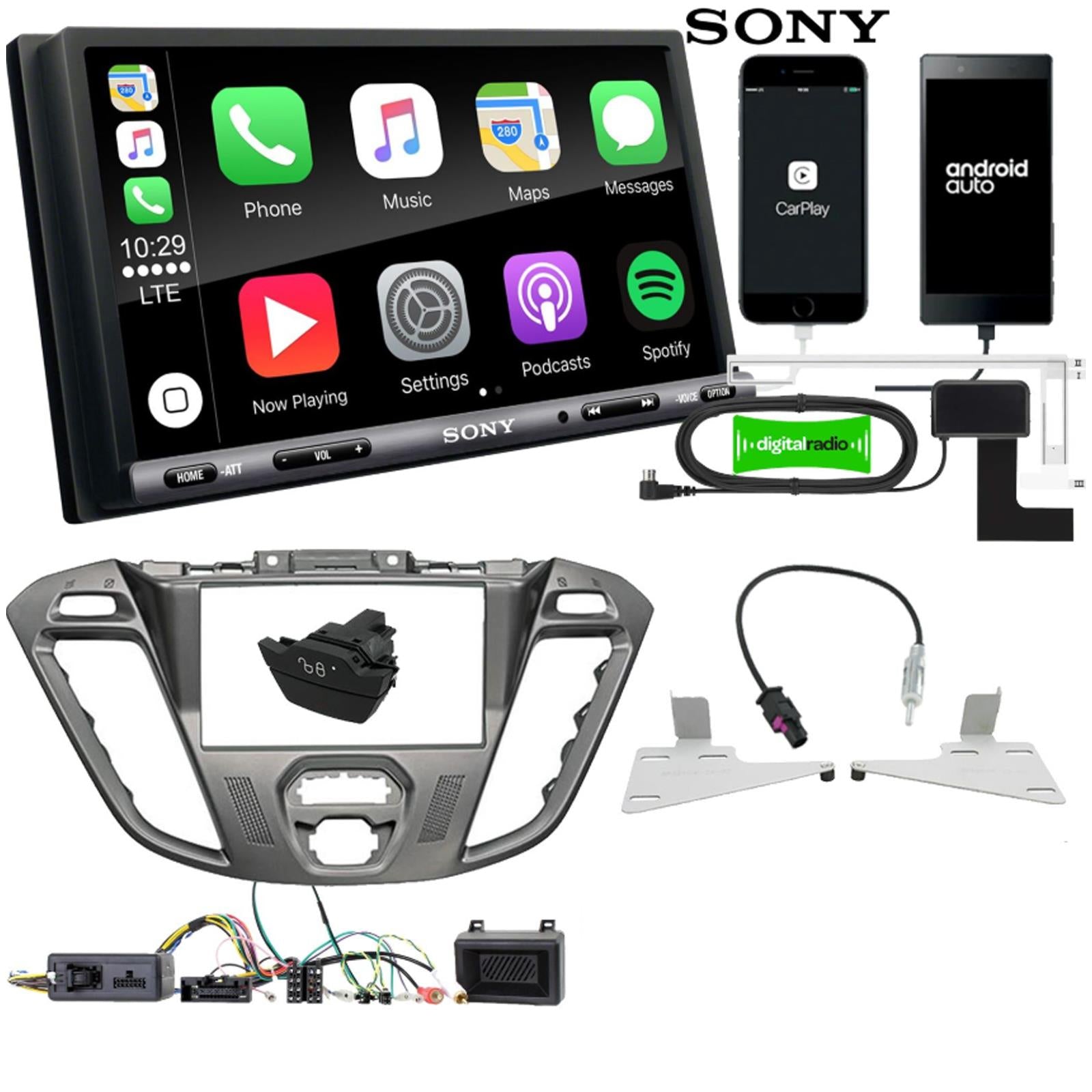 SONY DAB+ Apple | Android Double Din Stereo Fitting Kit + Steering Wheel Stalk Controls to fit Ford Transit-Custom 12-16