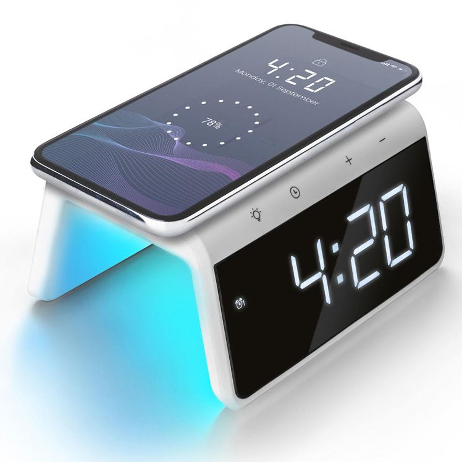 Caliber HCG019QI/W - Alarm Clock with Qi Wireless Charging Pad USB Charging Night Light