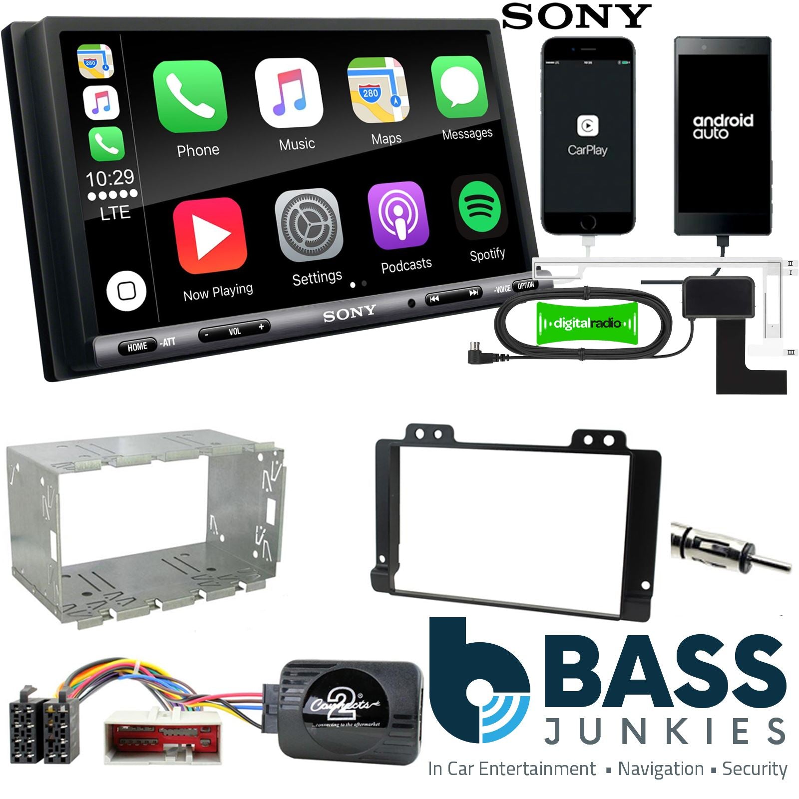 SONY DAB+ Apple | Android Double Din Stereo Fitting Kit + Steering Wheel Stalk Controls to fit Land Rover Freelander 04-06