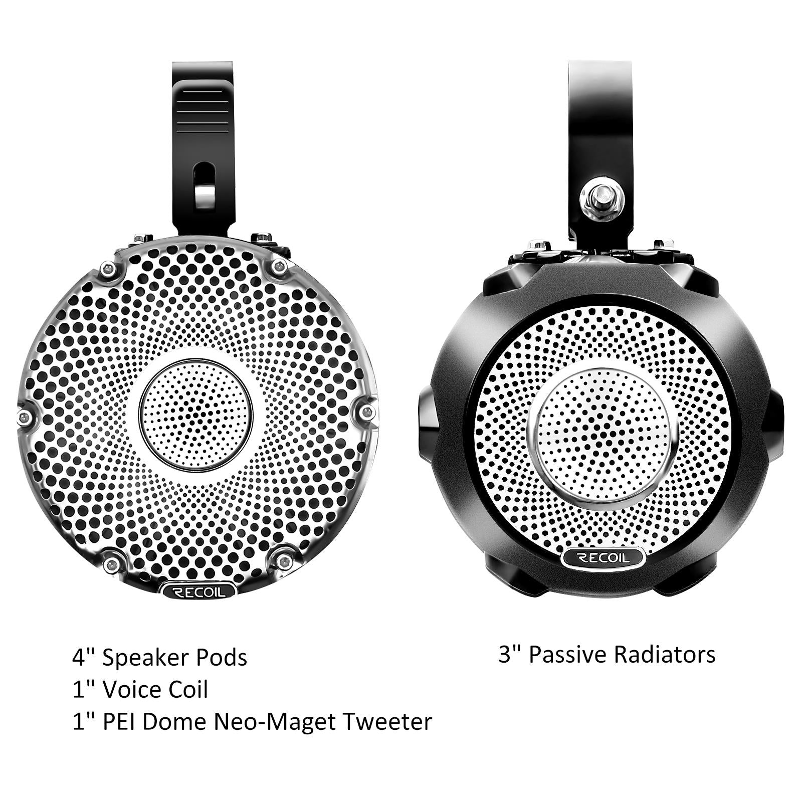 Recoil R4 - UTV ATV Marine & Power-Sports 4" 10cm 200 Watts Pair Pod Speaker