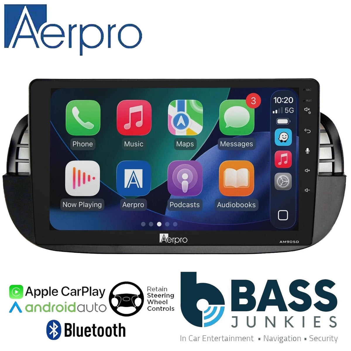 Aerpro 9" DAB CarPlay Android Car Stereo Fitting Kit For Fiat 500 2007-15 Black