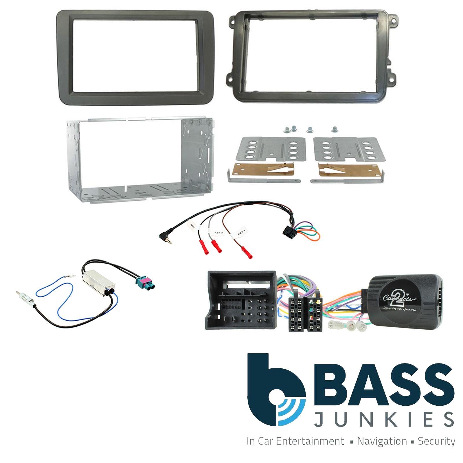 Connects2 CTKVW16 - Volkswagen Transporter T6 Caddy Sharan Tiguan Bettle Jetta Double Din Fascia Panel Aerial Adaptor & Steering Wheel Interface Installation Kit
